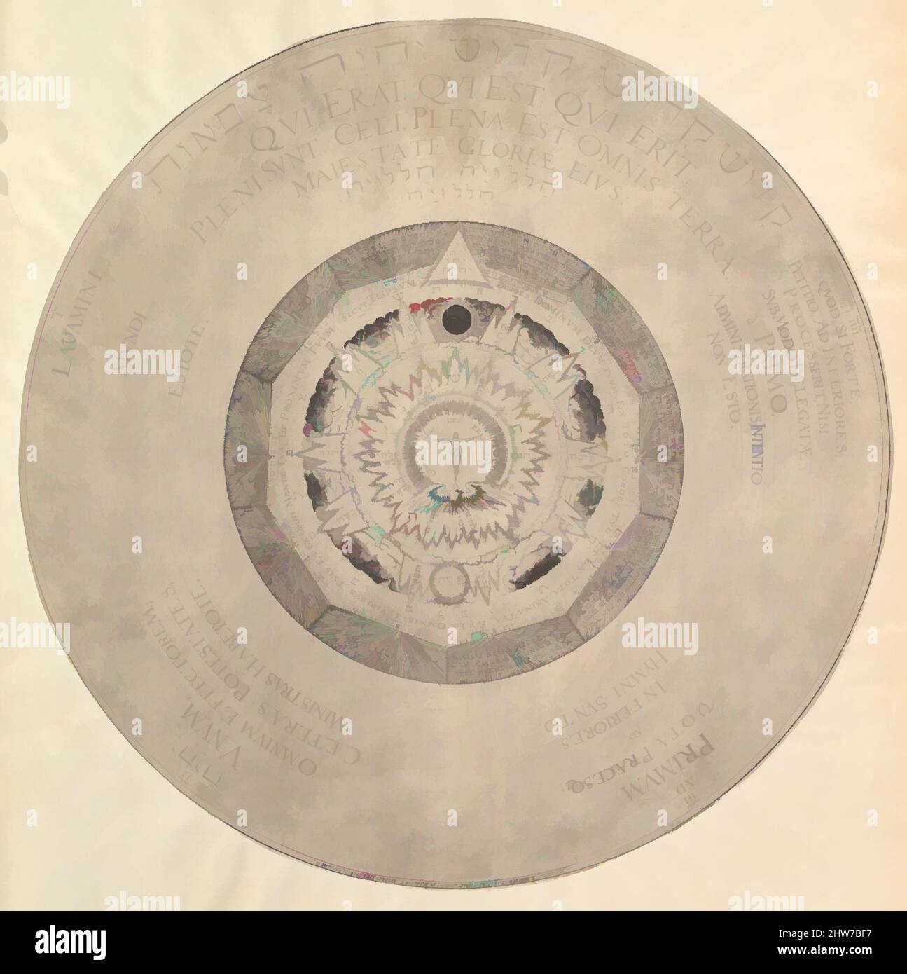 Arte ispirata da Scheme of Christian Kabbalism di Heinrich Khunrath, Amphiteatrum sapientiae aeternae, n.d., incisione da una piastra circolare, foglio: Diametro 16 1/16 poll. (40,8 cm), stampe, attribuito a Peter van der Doort (nato Anversa, attivo Amburgo ca. 1590–1605), dopo Hans, opere classiche modernizzate da Artotop con un tuffo di modernità. Forme, colore e valore, impatto visivo accattivante sulle emozioni artistiche attraverso la libertà delle opere d'arte in modo contemporaneo. Un messaggio senza tempo che persegue una nuova direzione selvaggiamente creativa. Artisti che si rivolgono al supporto digitale e creano l'NFT Artotop Foto Stock