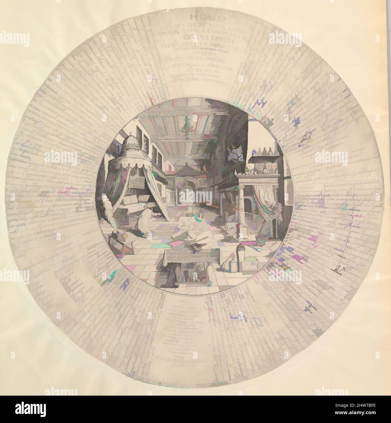 Arte ispirata al laboratorio Alchemista di Heinrich Khunrath, Amphiteatrum sapientiae aeternae, n.d., incisione da una piastra circolare, foglio: Diametro 16 1/8 poll. (41 cm), stampe, attribuito a Peter van der Doort (nato Anversa, attivo Amburgo ca. 1590–1605), dopo Hans Vredrean de, opere classiche modernizzate da Artotop con un tuffo di modernità. Forme, colore e valore, impatto visivo accattivante sulle emozioni artistiche attraverso la libertà delle opere d'arte in modo contemporaneo. Un messaggio senza tempo che persegue una nuova direzione selvaggiamente creativa. Artisti che si rivolgono al supporto digitale e creano l'NFT Artotop Foto Stock