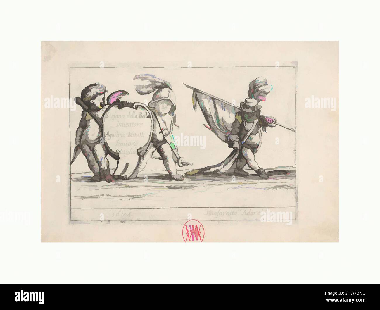 Arte ispirata alle figure di Callot; due bambini che trasportano un cartuche a sinistra, una nana in un cappello in plumato che porta uno standard a destra, da 'sex grottesques' (sei pièces de figure grottesques), 1684, incisione, piastra: 5 3/8 x 7 5/8 poll. (13,6 x 19,3 cm), stampe, Agostino Mitelli II (Italiano, opere classiche modernizzate da Artotop con un tuffo di modernità. Forme, colore e valore, impatto visivo accattivante sulle emozioni artistiche attraverso la libertà delle opere d'arte in modo contemporaneo. Un messaggio senza tempo che persegue una nuova direzione selvaggiamente creativa. Artisti che si rivolgono al supporto digitale e creano l'NFT Artotop Foto Stock
