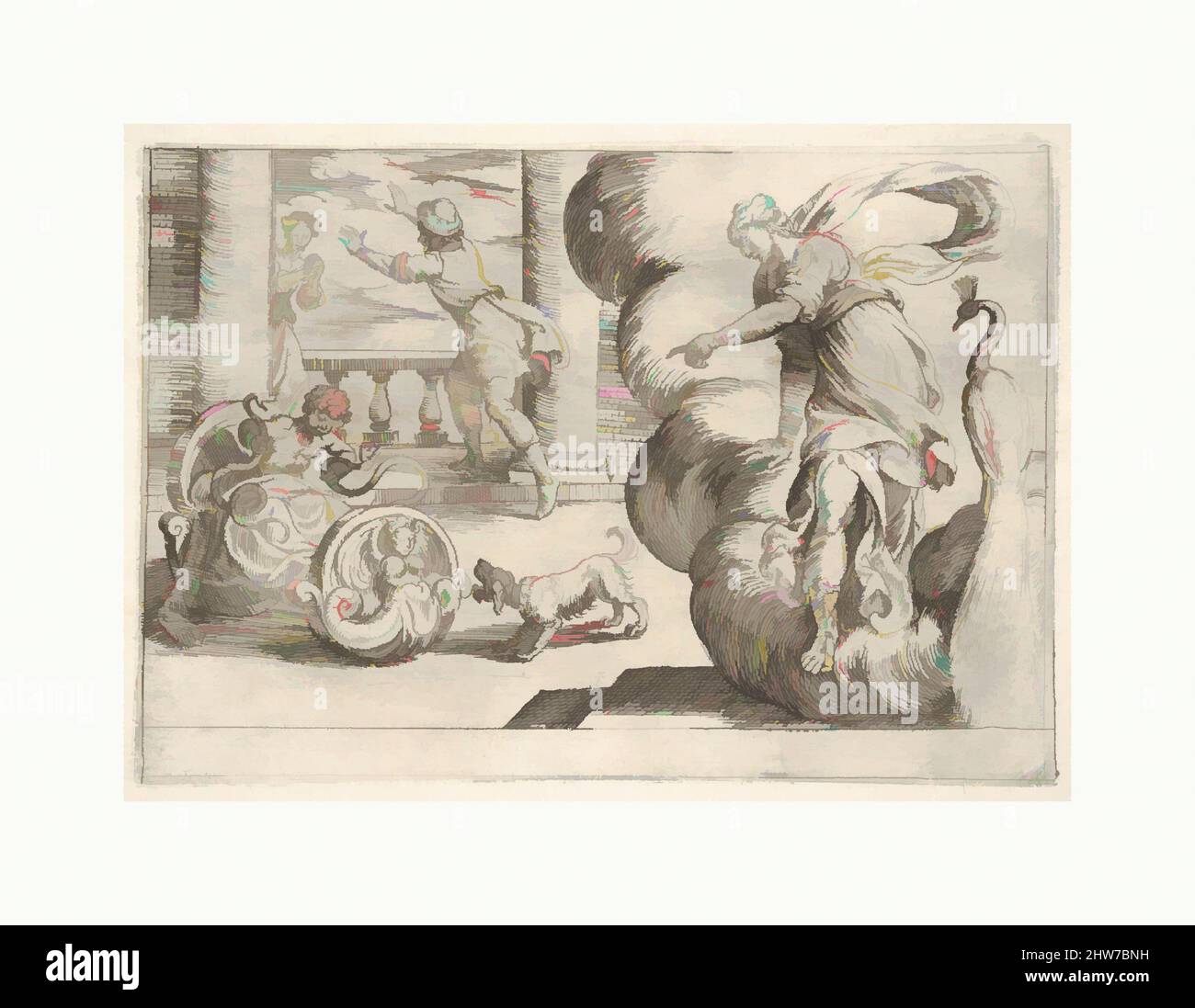 Arte ispirata da Ercole strangolando i serpenti: Hercules afferra due serpenti nel suo presepe, Giunone punta verso i serpenti da una massa di nube a destra, dalla serie 'i Labori di Ercole', 1608, etching, foglio: 5 3/16 x 7 1/16 in. (13,2 x 18 cm), Prints, Antonio Tempesta (, opere classiche modernizzate da Artotop con un tuffo di modernità. Forme, colore e valore, impatto visivo accattivante sulle emozioni artistiche attraverso la libertà delle opere d'arte in modo contemporaneo. Un messaggio senza tempo che persegue una nuova direzione selvaggiamente creativa. Artisti che si rivolgono al supporto digitale e creano l'NFT Artotop Foto Stock