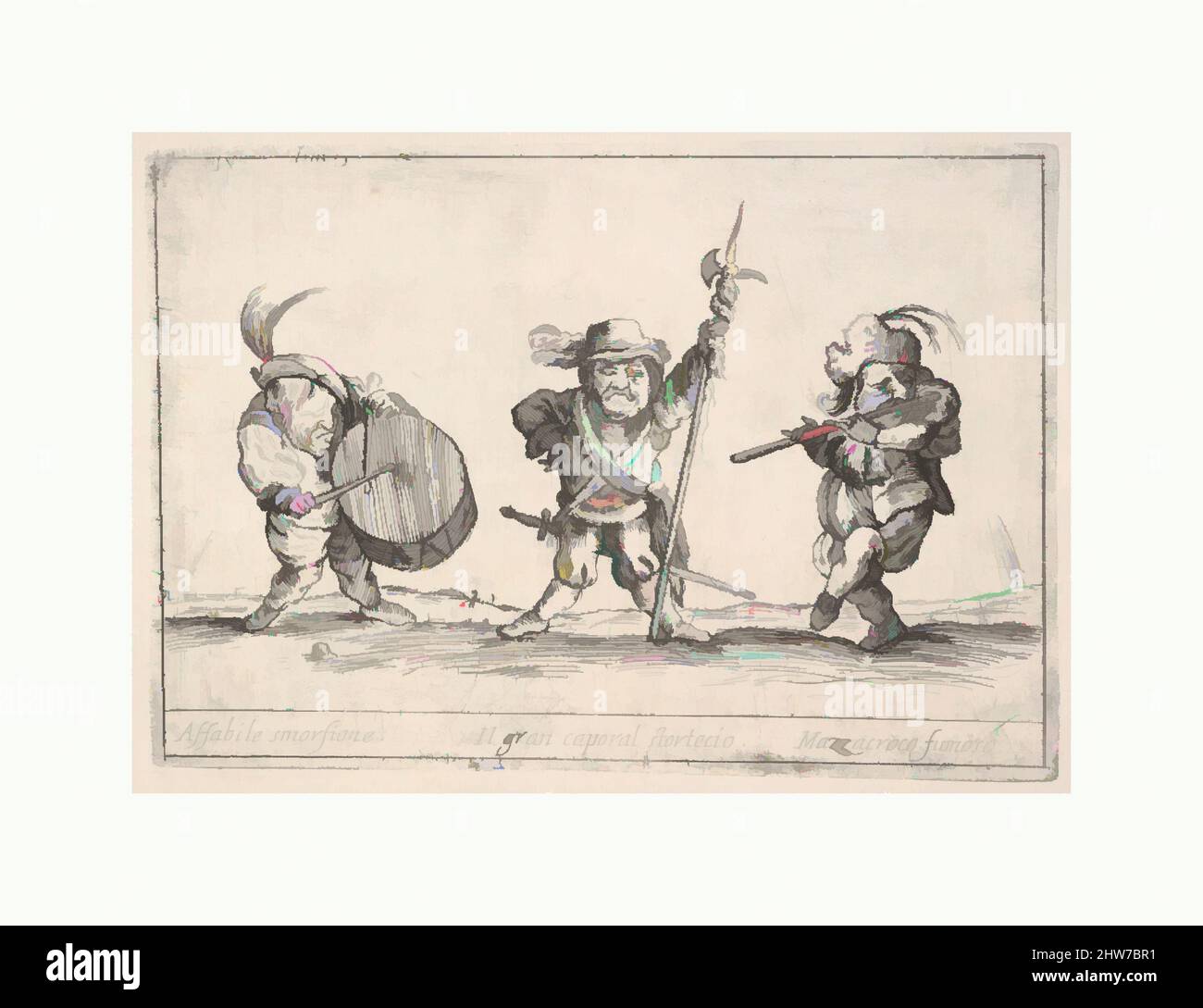 Arte ispirata alle figure di Callot; un nano che gioca il tamburo a sinistra, un beefeater al centro, un flauto a destra, 'sei grottesques' (sei pièces de figure grottesques), 1684, incisione, piatto: 5 3/8 x 7 11/16 poll. (13,6 x 19,6 cm), stampe, Agostino Mitelli II (italiano, 1671–1696), dopo, opere classiche modernizzate da Artotop con un tuffo di modernità. Forme, colore e valore, impatto visivo accattivante sulle emozioni artistiche attraverso la libertà delle opere d'arte in modo contemporaneo. Un messaggio senza tempo che persegue una nuova direzione selvaggiamente creativa. Artisti che si rivolgono al supporto digitale e creano l'NFT Artotop Foto Stock