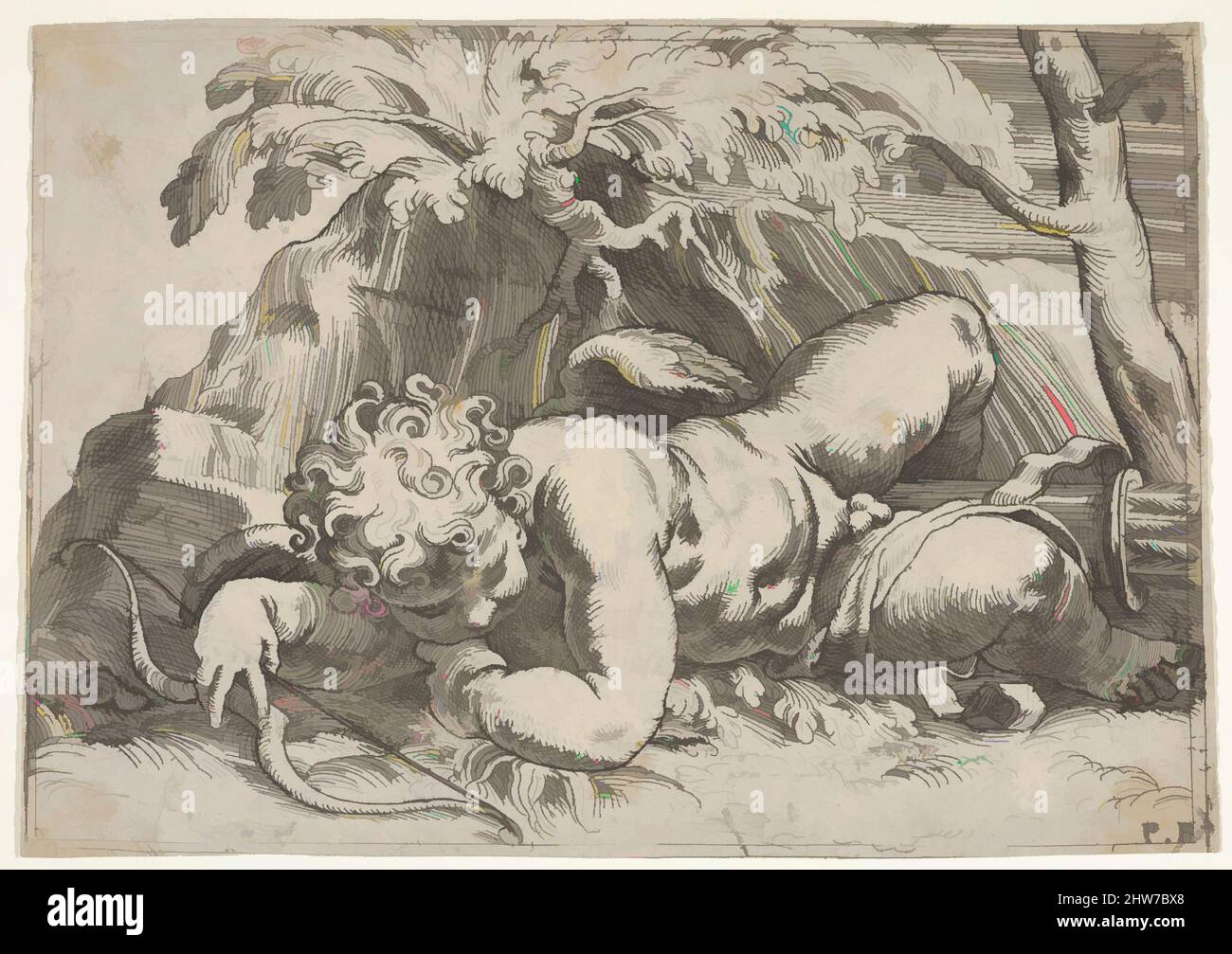 Arte ispirata da Cupido dormiente il cui braccio destro si appoggia sul suo arco e il cui fremito si trova tra le gambe, ca. 1560–1606, incisione, foglio: 7 13/16 x 5 1/2 poll. (19,9 x 14 cm), Prints, Paolo Farinati (Verona 1524–1606 Verona, opere classiche modernizzate da Artotop con un tuffo di modernità. Forme, colore e valore, impatto visivo accattivante sulle emozioni artistiche attraverso la libertà delle opere d'arte in modo contemporaneo. Un messaggio senza tempo che persegue una nuova direzione selvaggiamente creativa. Artisti che si rivolgono al supporto digitale e creano l'NFT Artotop Foto Stock