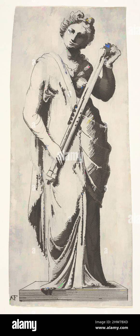 Arte ispirata a Muse su un piedistallo in piedi in vista frontale e con un doppio flauto, incisione, foglio: 9 1/16 x 3 3/4 pollici (23 x 9,5 cm), Prints, Antonio Fantuzzi (Italia, Francia attiva, 1537–45, Opere classiche modernizzate da Artotop con un tocco di modernità. Forme, colore e valore, impatto visivo accattivante sulle emozioni artistiche attraverso la libertà delle opere d'arte in modo contemporaneo. Un messaggio senza tempo che persegue una nuova direzione selvaggiamente creativa. Artisti che si rivolgono al supporto digitale e creano l'NFT Artotop Foto Stock