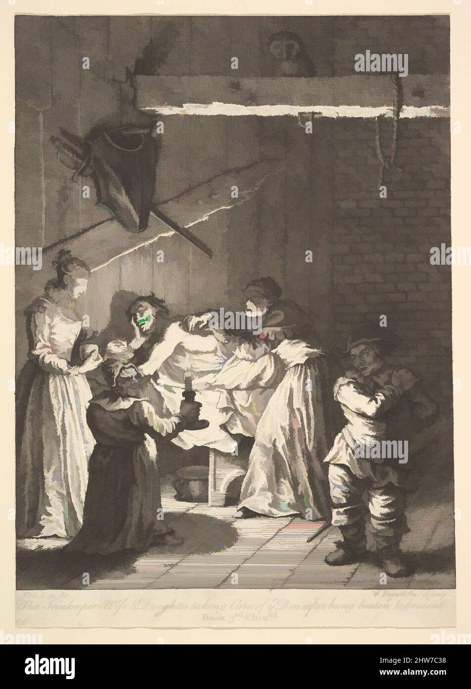 Arte ispirata dalla moglie e dalla figlia dell'Innkeeper che prendono cura di voi Don dopo essere stati picchiati e contati (sei illustrazioni per Don Chisciotte), 1756 o dopo, incisione e incisione; terzo stato di tre, foglio: 9 7/16 x 6 7/8 pollici. (24 x 17,5 cm), Prints, William Hogarth (British, London 1697–, opere classiche modernizzate da Artotop con un tuffo di modernità. Forme, colore e valore, impatto visivo accattivante sulle emozioni artistiche attraverso la libertà delle opere d'arte in modo contemporaneo. Un messaggio senza tempo che persegue una nuova direzione selvaggiamente creativa. Artisti che si rivolgono al supporto digitale e creano l'NFT Artotop Foto Stock