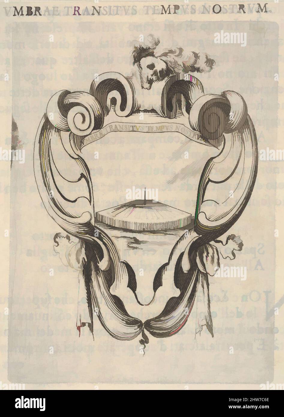 Arte ispirata da una cartouche con una meridiana, un cranio con piume sulla testa in cima, da 'otto emblemi per il funerale di Francesco de Medici' (Huit emblèmes pour les funérailles du price Franois de Médicis), ca. 1640–60, incisione, stampa letteraria visibile sul verso, foglio: 6 5/16 x 4 1/, opere classiche modernizzate da Artotop con un tuffo di modernità. Forme, colore e valore, impatto visivo accattivante sulle emozioni artistiche attraverso la libertà delle opere d'arte in modo contemporaneo. Un messaggio senza tempo che persegue una nuova direzione selvaggiamente creativa. Artisti che si rivolgono al supporto digitale e creano l'NFT Artotop Foto Stock