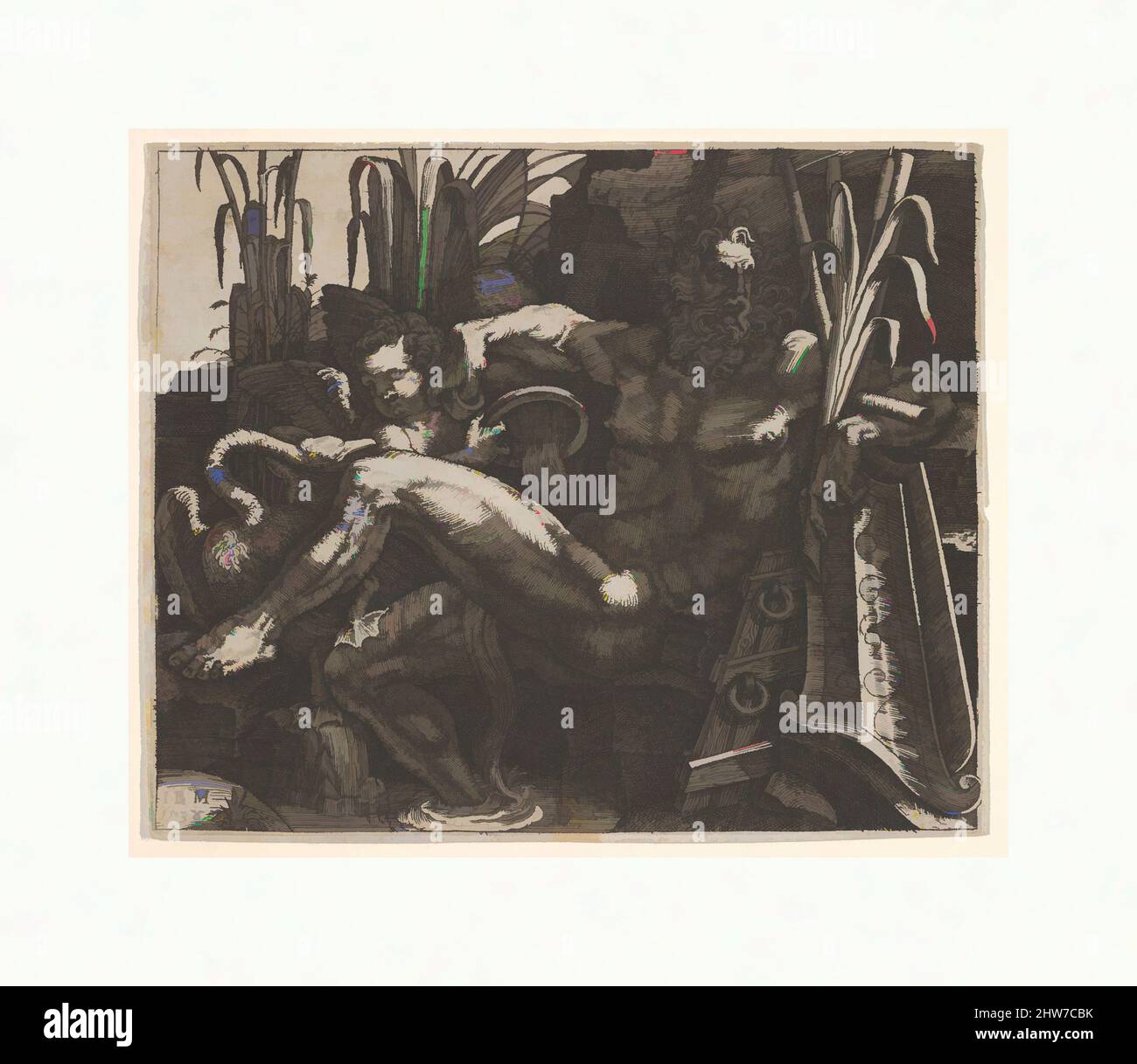 Arte ispirata al fiume Dio po adagiato su una riva rocciosa, un putto alare e uccello d'acqua a collo lungo si erigono dietro le gambe, 1538, incisione, foglio: 4 3/8 x 5 1/4 pollici. (11,1 x 13,4 cm), Prints, Giovanni Battista scultori (italiano, 1503–1575, opere classiche modernizzate da Artotop con un tuffo di modernità. Forme, colore e valore, impatto visivo accattivante sulle emozioni artistiche attraverso la libertà delle opere d'arte in modo contemporaneo. Un messaggio senza tempo che persegue una nuova direzione selvaggiamente creativa. Artisti che si rivolgono al supporto digitale e creano l'NFT Artotop Foto Stock