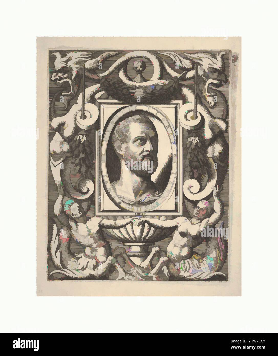 Arte ispirata al ritratto di Bust di Cosimo i de' Medici, in una cornice ovale posta all'interno di una placca rettangolare, circondata da ornamento fantastico, 1567, incisione e incisione, piastra: 6 7/8 x 5 7/16 pollici. (17,5 x 13,8 cm), Nicolò Nelli (Venezia attiva, ca. 1552–79, opere classiche modernizzate da Artotop con un tocco di modernità. Forme, colore e valore, impatto visivo accattivante sulle emozioni artistiche attraverso la libertà delle opere d'arte in modo contemporaneo. Un messaggio senza tempo che persegue una nuova direzione selvaggiamente creativa. Artisti che si rivolgono al supporto digitale e creano l'NFT Artotop Foto Stock