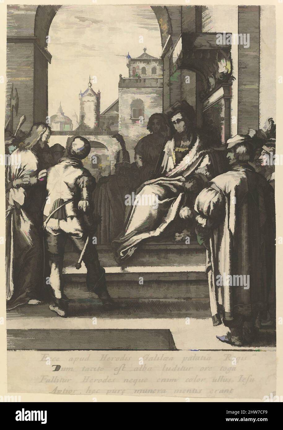 Arte ispirata da Cristo prima di Pilato, dalla Passione di Cristo, metà del 17th secolo, incisione, foglio: 5 9/16 x 3 7/8 in. (14,1 x 9,8 cm), Prints, Nicolas Cochin (francese, Troyes 1610–1686 Parigi), dopo Hendrick Goltzius (olandese, Mühlbracht 1558–1617 Haarlem), Jean i Lebiond (francese, opere classiche modernizzate da Artotop con un tuffo di modernità. Forme, colore e valore, impatto visivo accattivante sulle emozioni artistiche attraverso la libertà delle opere d'arte in modo contemporaneo. Un messaggio senza tempo che persegue una nuova direzione selvaggiamente creativa. Artisti che si rivolgono al supporto digitale e creano l'NFT Artotop Foto Stock