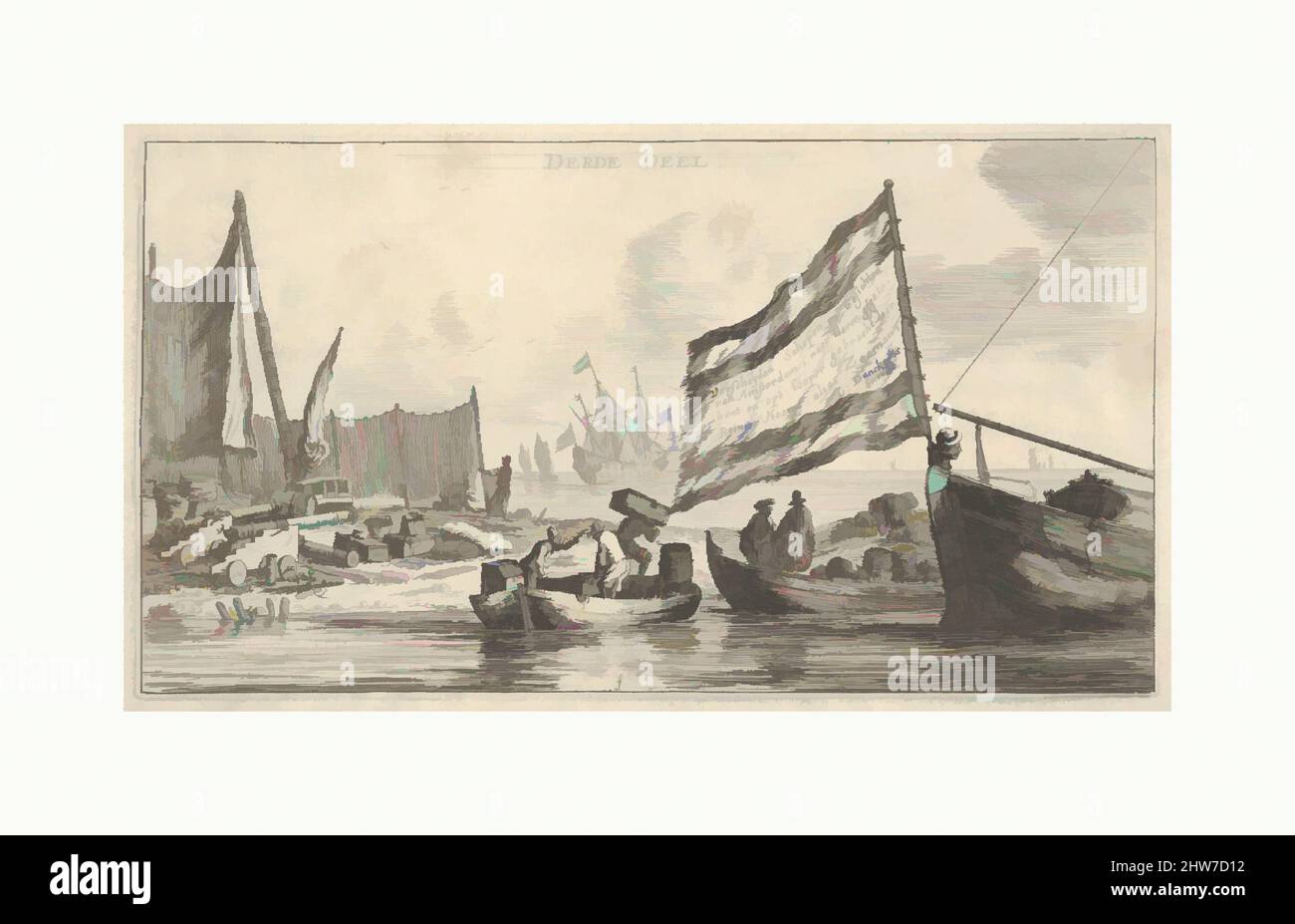 Art Inspired by A Seaport", pagina del titolo di "varie navi e viste di Amsterdam, parte III", incisione, targa: 5 1/8 x 9 1/4" (13 x 23,5 cm), stampe, Reinier Nooms, chiamato Zeeman (olandese, Amsterdam ca. 1623–1664 Amsterdam, opere classiche modernizzate da Artotop con un tocco di modernità. Forme, colore e valore, impatto visivo accattivante sulle emozioni artistiche attraverso la libertà delle opere d'arte in modo contemporaneo. Un messaggio senza tempo che persegue una nuova direzione selvaggiamente creativa. Artisti che si rivolgono al supporto digitale e creano l'NFT Artotop Foto Stock