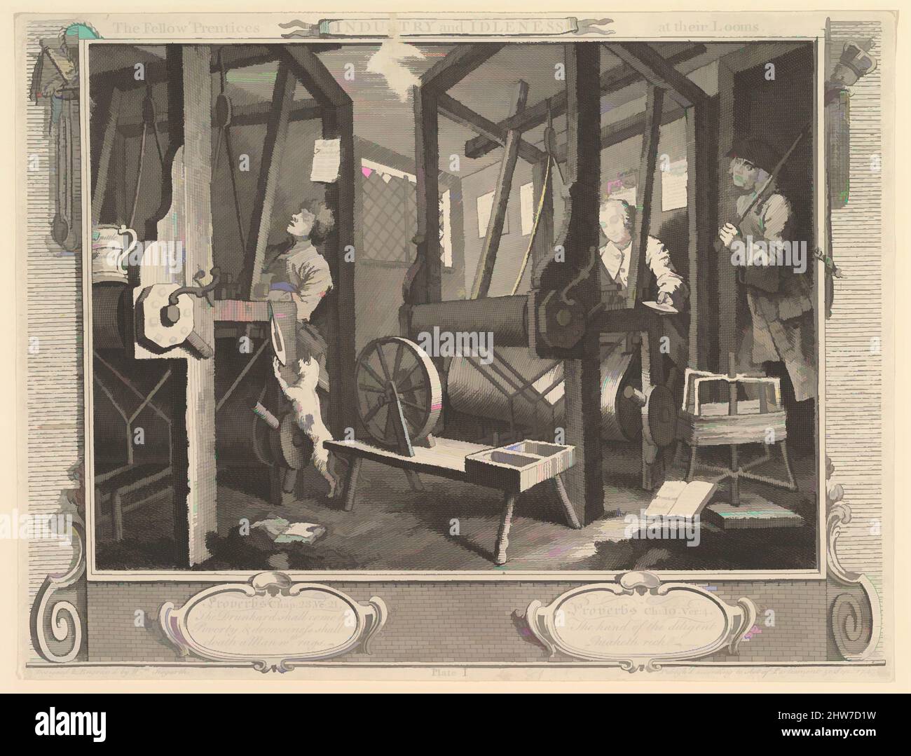 Arte ispirata ai compagni 'Prentices' ai loro telai: Industria e idlezza, lastra 1, 30 settembre 1747, incisione e incisione; secondo stato di due, foglio: 10 5/16 x 13 5/8 poll. (26,2 x 34,6 cm), Prints, William Hogarth (Londra 1697–1764 Londra, opere classiche modernizzate da Artotop con un tuffo di modernità. Forme, colore e valore, impatto visivo accattivante sulle emozioni artistiche attraverso la libertà delle opere d'arte in modo contemporaneo. Un messaggio senza tempo che persegue una nuova direzione selvaggiamente creativa. Artisti che si rivolgono al supporto digitale e creano l'NFT Artotop Foto Stock