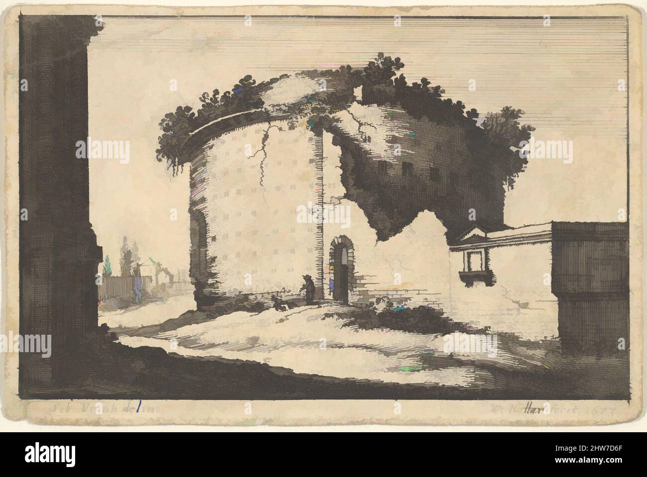 Art Inspired by Ruins of a Round Building, 1673, Etching, First state of Three, foglio: 2 3/4 x 4 1/4 in. (7 x 10,8 cm), dopo Sebastiaen Vrancx (Netherlandish, Anversa 1573–1647 Anversa), rovine di un edificio romano rotondo, cresciuto di vegetazione, con un uomo e un cane ad arco, opere classiche modernizzate da Artotop con un tuffo di modernità. Forme, colore e valore, impatto visivo accattivante sulle emozioni artistiche attraverso la libertà delle opere d'arte in modo contemporaneo. Un messaggio senza tempo che persegue una nuova direzione selvaggiamente creativa. Artisti che si rivolgono al supporto digitale e creano l'NFT Artotop Foto Stock