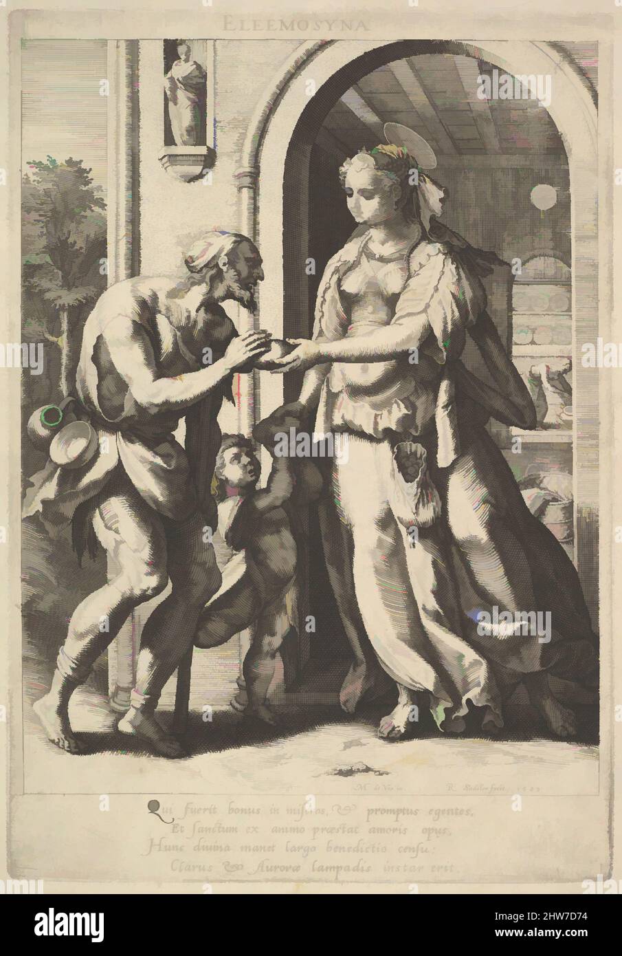 Arte ispirata da ALMS-giving: Una donna con la perla headdress e halo mani pane a due mendicanti maschi, uno bearded e l'altro un bambino, un portale che mostra una serva in un interno domestico oltre, dalla serie 'virtù cristiane' dopo Maerten de Vos, 1589, Engraving, foglio: 9 3/16, opere classiche modernizzate da Artotop con un tuffo di modernità. Forme, colore e valore, impatto visivo accattivante sulle emozioni artistiche attraverso la libertà delle opere d'arte in modo contemporaneo. Un messaggio senza tempo che persegue una nuova direzione selvaggiamente creativa. Artisti che si rivolgono al supporto digitale e creano l'NFT Artotop Foto Stock