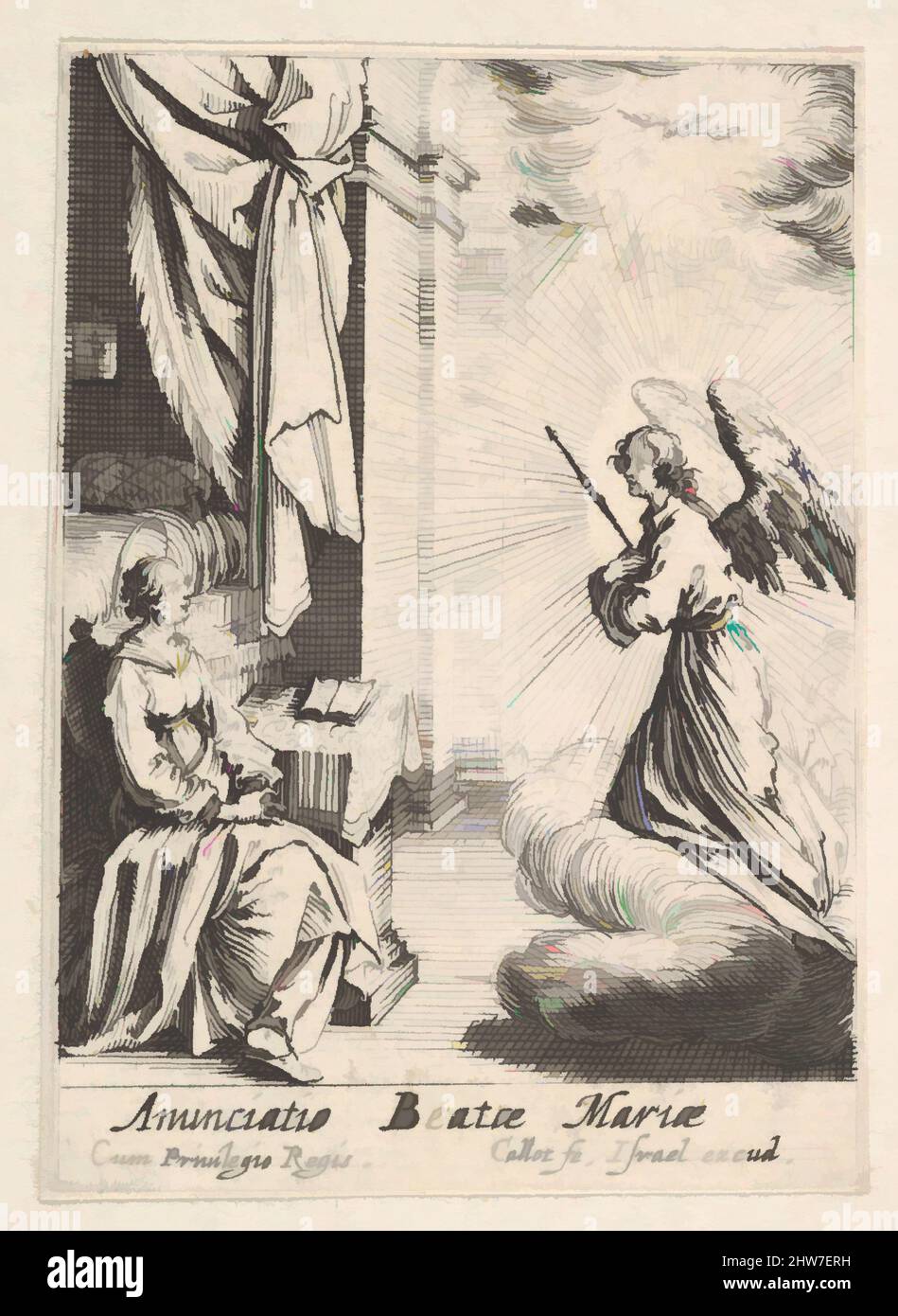 Arte ispirata dall'Annunciazione, con l'angelo che si avvicina alla Maria seduta da sinistra, e la colomba dello Spirito Santo sopra, ca. 1633–34, incisione; secondo stato, foglio: 2 1/2 x 1 5/8 pollici (6,4 x 4,1 cm), Prints, Jacques Callot (francese, Nancy 1592–1635 Nancy, opere classiche modernizzate da Artotop con un tuffo di modernità. Forme, colore e valore, impatto visivo accattivante sulle emozioni artistiche attraverso la libertà delle opere d'arte in modo contemporaneo. Un messaggio senza tempo che persegue una nuova direzione selvaggiamente creativa. Artisti che si rivolgono al supporto digitale e creano l'NFT Artotop Foto Stock