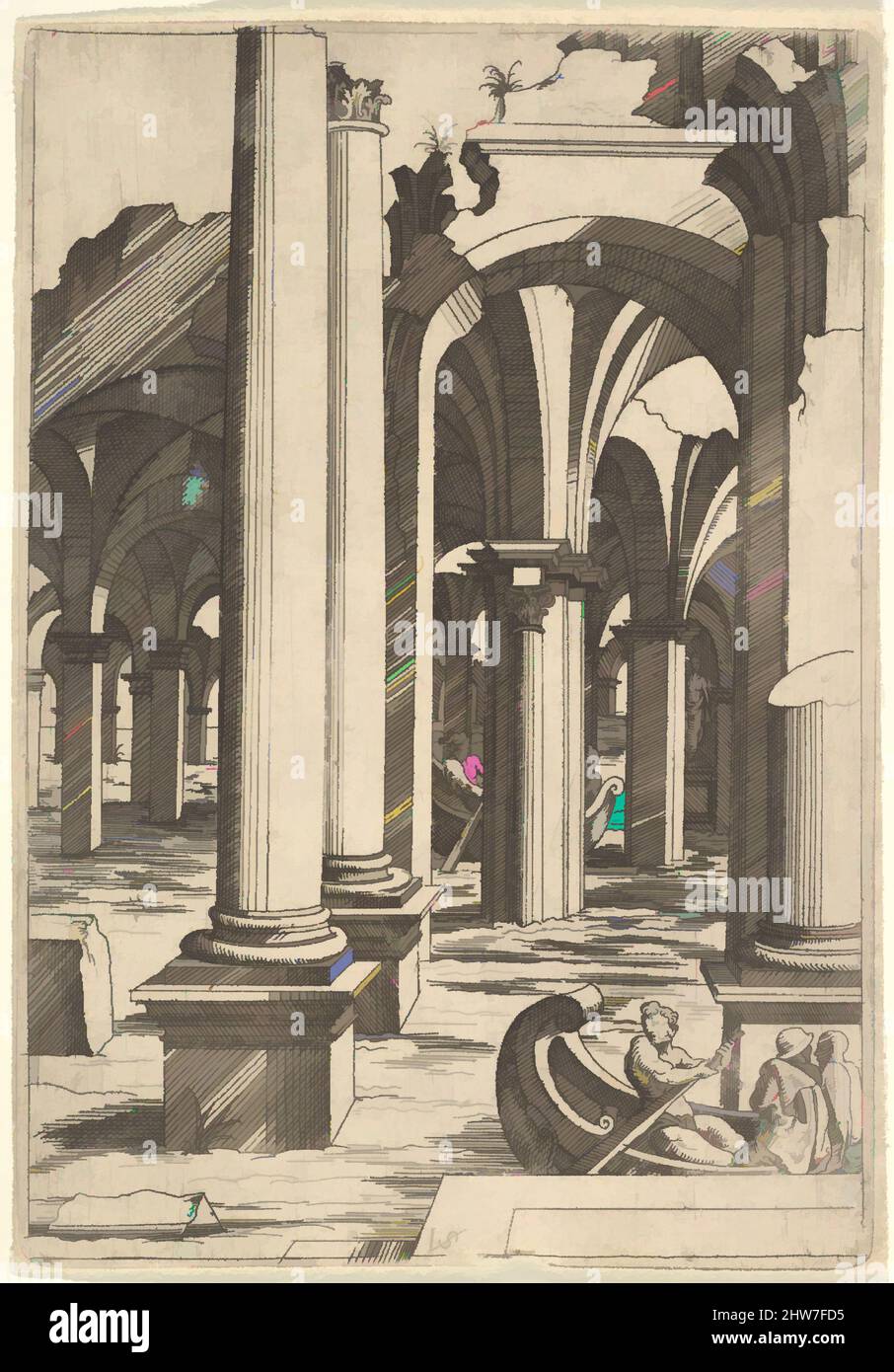 Arte ispirata dalle barche attraverso le rovine inondate, ca. 1550–62, incisione, foglio: 5 7/8 x 4 1/8 poll. (15 x 10,4 cm), Virgil Solis (tedesco, (?) 1514–1562 Norimberga), dopo Jacques Androuet Du Cerceau (francese, Parigi 1510/12–1585 Annecy), dopo Leonard Thiry (francese, morto Anversa, 1550, opere classiche modernizzate da Artotop con un tuffo di modernità. Forme, colore e valore, impatto visivo accattivante sulle emozioni artistiche attraverso la libertà delle opere d'arte in modo contemporaneo. Un messaggio senza tempo che persegue una nuova direzione selvaggiamente creativa. Artisti che si rivolgono al supporto digitale e creano l'NFT Artotop Foto Stock