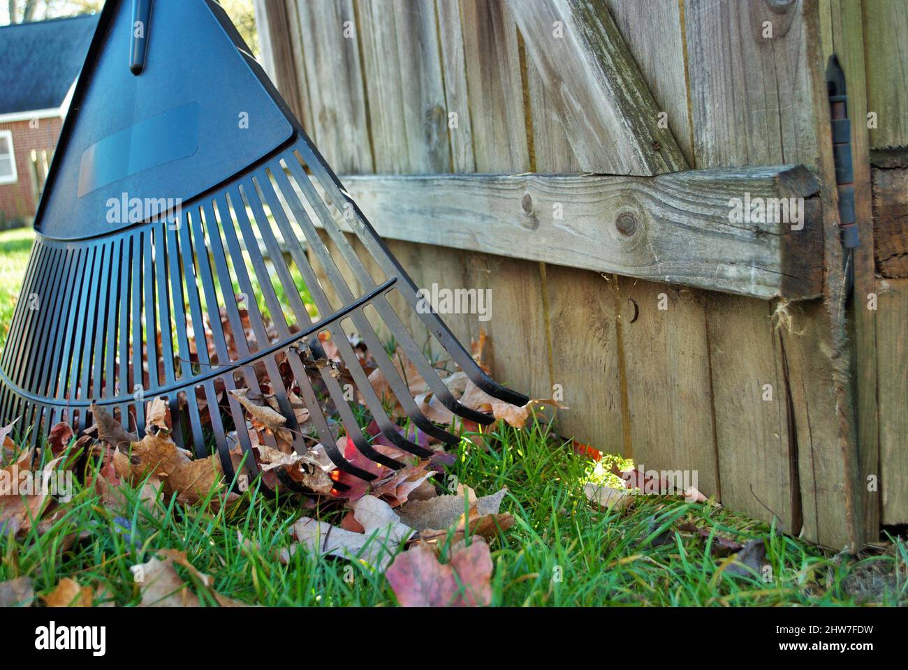 Mucchio di foglie e un rastrello appoggiato contro una recinzione autunno sfondo Foto Stock