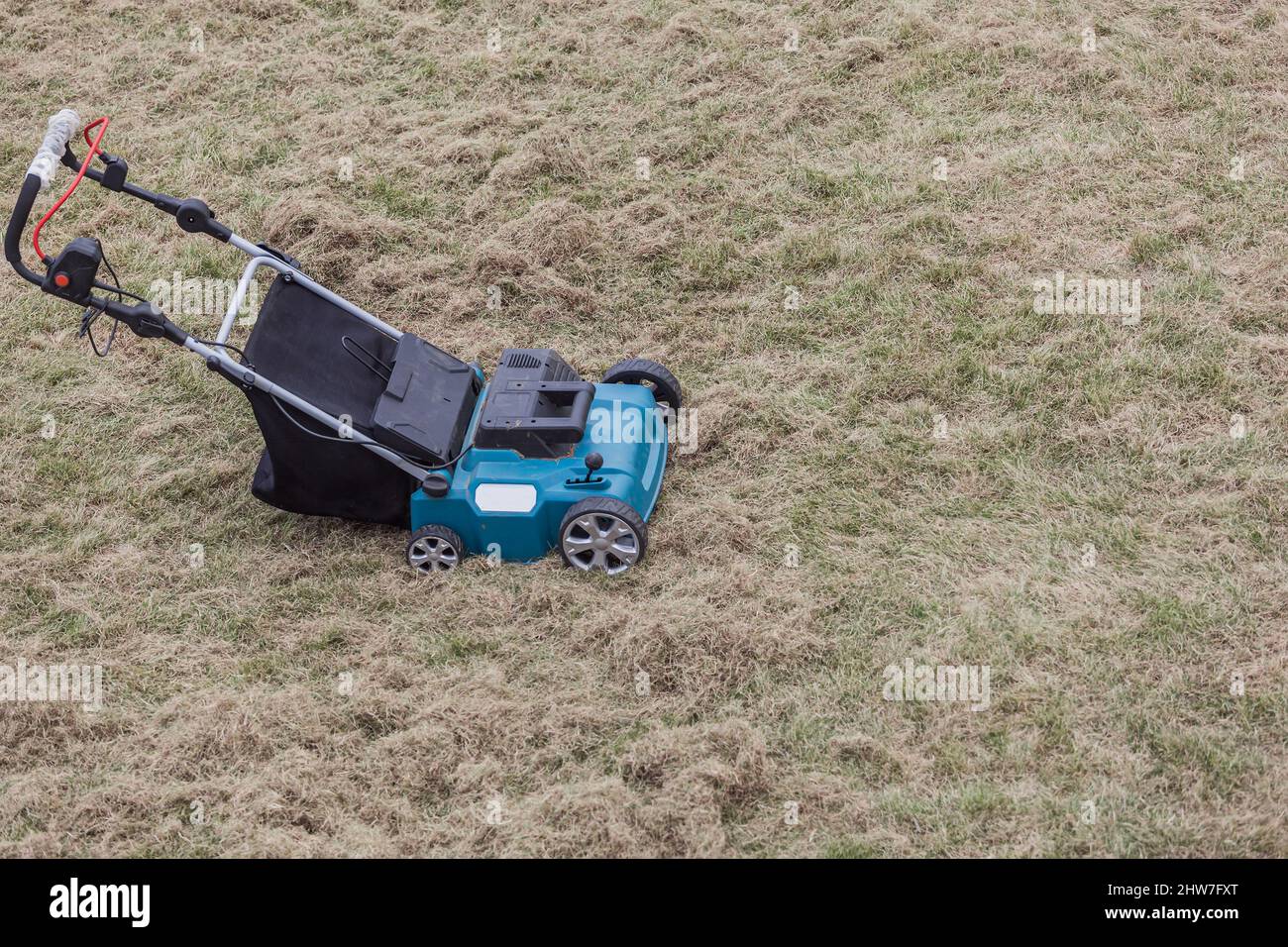 Scarificando prato con scarificatore, scarifica il prato e la rimozione di erba vecchia Foto Stock