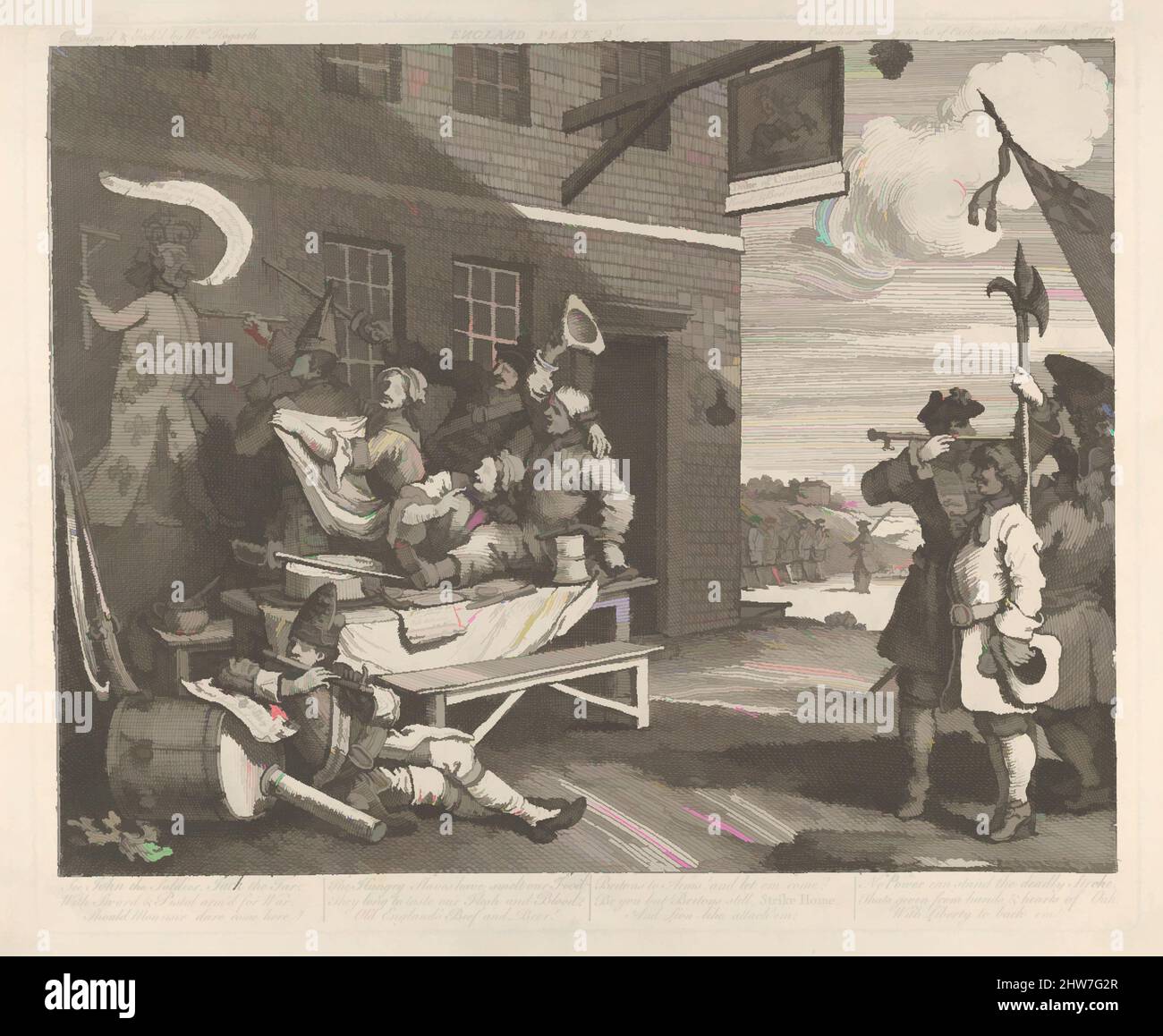 Art Inspired by the Invasion, Plate 2: England, 8 marzo 1756, Etching; terzo stato di tre, piastra: 12 9/16 x 15 1/4 poll. (31,9 x 38,8 cm), Prints, William Hogarth (Londra 1697–1764 Londra, opere classiche modernizzate da Artotop con un tuffo di modernità. Forme, colore e valore, impatto visivo accattivante sulle emozioni artistiche attraverso la libertà delle opere d'arte in modo contemporaneo. Un messaggio senza tempo che persegue una nuova direzione selvaggiamente creativa. Artisti che si rivolgono al supporto digitale e creano l'NFT Artotop Foto Stock