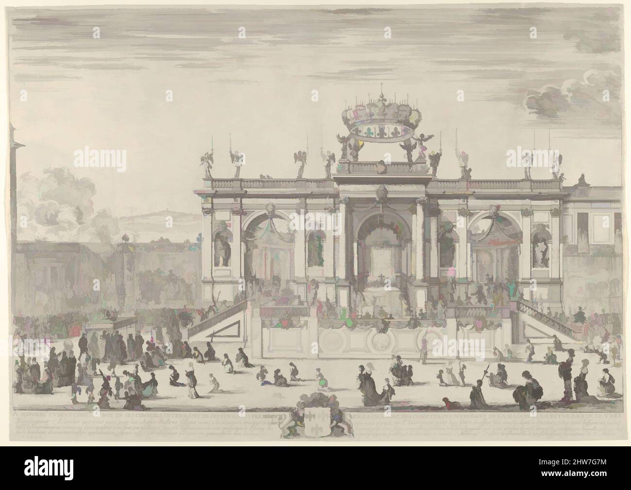 Arte ispirata dall'altare del santo sacramento; a sinistra, il sacramento sotto un baldacchino, portato in processione e seguito da Luigi XIV e Anna d'Austria che si dirigono verso una grande struttura, gli spettatori a sinistra e a destra si inginocchiano davanti agli arazzi dopo Raffaello, ca. 1648, opere classiche modernizzate da Artotop con un tuffo di modernità. Forme, colore e valore, impatto visivo accattivante sulle emozioni artistiche attraverso la libertà delle opere d'arte in modo contemporaneo. Un messaggio senza tempo che persegue una nuova direzione selvaggiamente creativa. Artisti che si rivolgono al supporto digitale e creano l'NFT Artotop Foto Stock