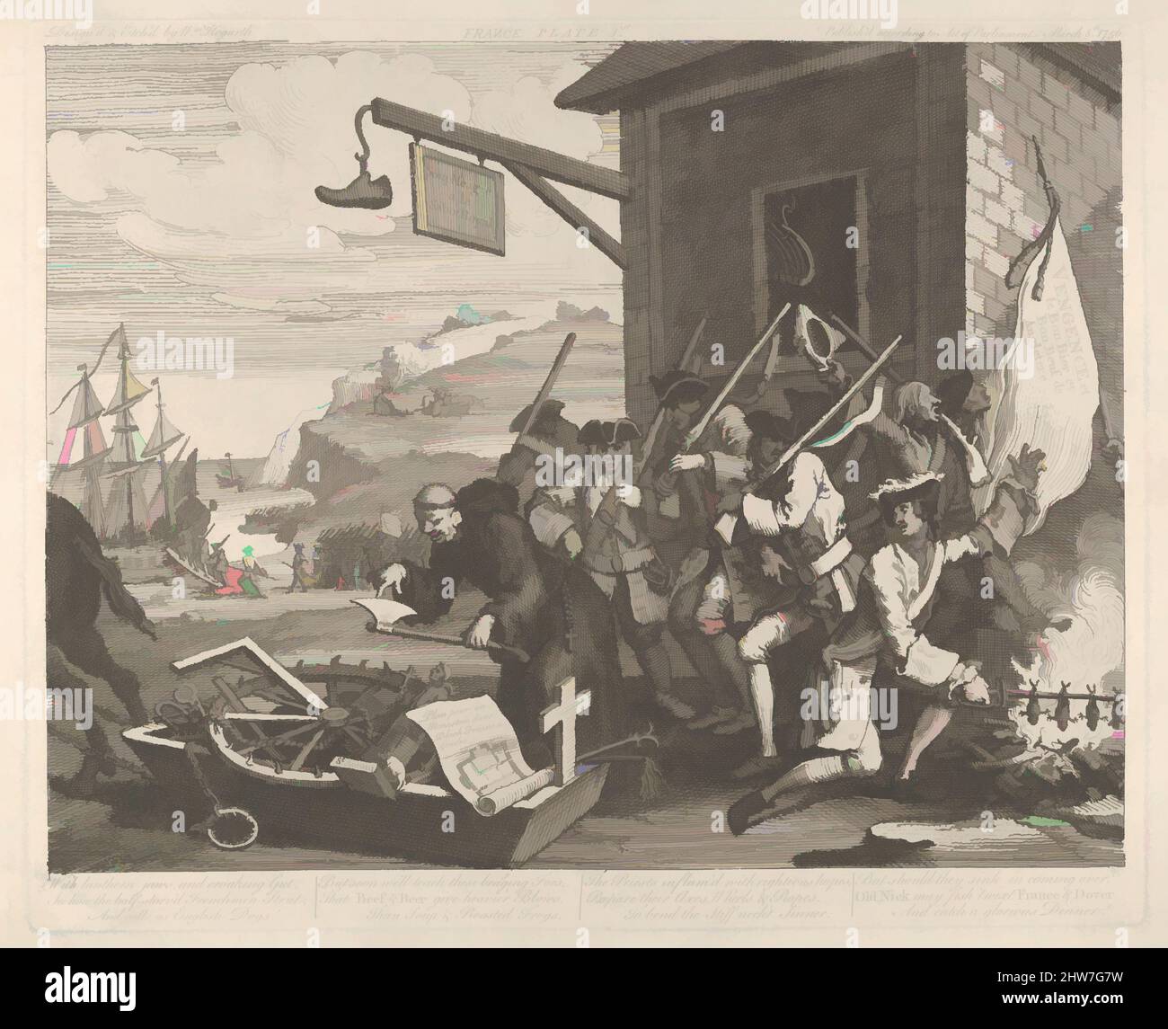Arte ispirata all'invasione, plate 1: Francia, 8 marzo 1756, incisione e incisione; terzo stato di tre, piastra: 12 1/2 x 15 1/2 poll. (31,7 x 39,3 cm), Prints, William Hogarth (Londra 1697–1764 Londra, opere classiche modernizzate da Artotop con un tuffo di modernità. Forme, colore e valore, impatto visivo accattivante sulle emozioni artistiche attraverso la libertà delle opere d'arte in modo contemporaneo. Un messaggio senza tempo che persegue una nuova direzione selvaggiamente creativa. Artisti che si rivolgono al supporto digitale e creano l'NFT Artotop Foto Stock
