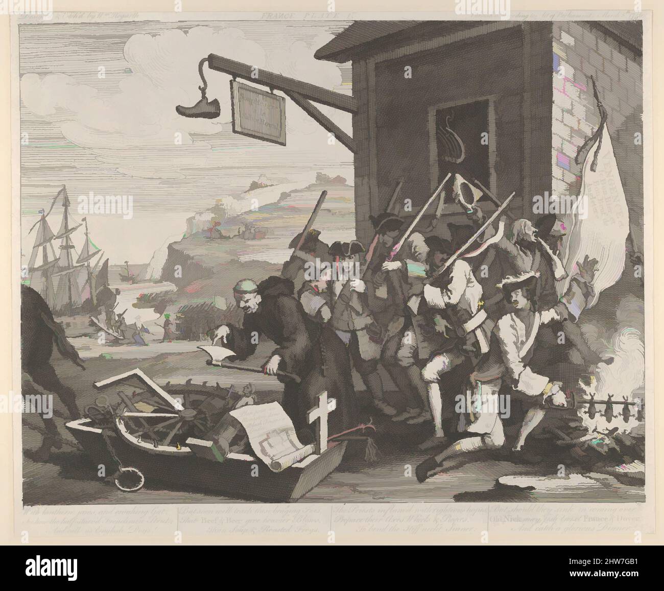 Art Inspired by the Invasion, Plate 1: France, 8 marzo 1756, Engraving; terzo stato di tre, foglio: 12 7/16 x 15 1/4 poll. (31,6 x 38,8 cm), Prints, William Hogarth (Londra 1697–1764 Londra, opere classiche modernizzate da Artotop con un tuffo di modernità. Forme, colore e valore, impatto visivo accattivante sulle emozioni artistiche attraverso la libertà delle opere d'arte in modo contemporaneo. Un messaggio senza tempo che persegue una nuova direzione selvaggiamente creativa. Artisti che si rivolgono al supporto digitale e creano l'NFT Artotop Foto Stock