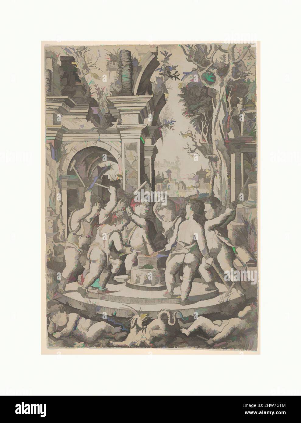 Arte ispirata al destino di una lingua malvagia; sette putti si erigono intorno ad un incudine su cui martellano una lingua, paesaggio e architettura dietro, ca. 1507, incisione, foglio: 11 5/8 x 8 1/8 poll. (29,5 x 20,6 cm), stampe, Nicoletto da Modena (italiano, Modena, attivo ca. 1500–ca. 1520, opere classiche modernizzate da Artotop con un tuffo di modernità. Forme, colore e valore, impatto visivo accattivante sulle emozioni artistiche attraverso la libertà delle opere d'arte in modo contemporaneo. Un messaggio senza tempo che persegue una nuova direzione selvaggiamente creativa. Artisti che si rivolgono al supporto digitale e creano l'NFT Artotop Foto Stock