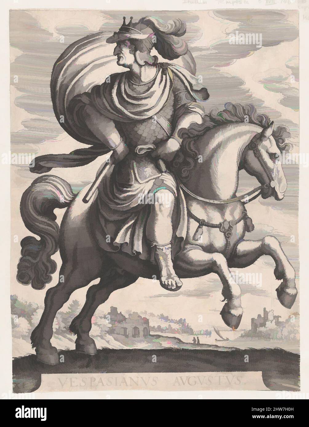 Arte ispirata dall'imperatore Vespasiano a Horseback, dalla serie i primi dodici Cesari romani, piastra 11, 1610–50, incisione, foglio: 14 5/8 x 20 1/2 pollici. (37,2 x 52 cm), Prints, Matthäus Merian il Vecchio (Svizzero, Basilea 1593–1650 Schwalbach), dopo Antonio Tempesta (Italiano, Firenze 1555–, opere classiche modernizzate da Artotop con un tuffo di modernità. Forme, colore e valore, impatto visivo accattivante sulle emozioni artistiche attraverso la libertà delle opere d'arte in modo contemporaneo. Un messaggio senza tempo che persegue una nuova direzione selvaggiamente creativa. Artisti che si rivolgono al supporto digitale e creano l'NFT Artotop Foto Stock