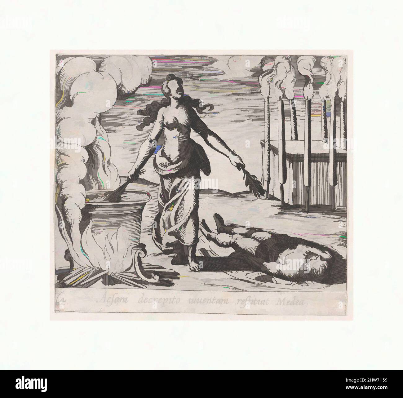 Arte ispirata dal piatto 64: Medea Restoring la Gioventù di Aeson (Aesoni decreto iuventam restitutiit Medea), da 'Metamorphoses' di Ovidio, 1606, Etching, foglio: 4 in. x 4 9/16 poll. (10,2 x 11,6 cm), Prints, Antonio Tempesta (Firenze 1555–1630 Roma, opere classiche modernizzate da Artotop con un tuffo di modernità. Forme, colore e valore, impatto visivo accattivante sulle emozioni artistiche attraverso la libertà delle opere d'arte in modo contemporaneo. Un messaggio senza tempo che persegue una nuova direzione selvaggiamente creativa. Artisti che si rivolgono al supporto digitale e creano l'NFT Artotop Foto Stock