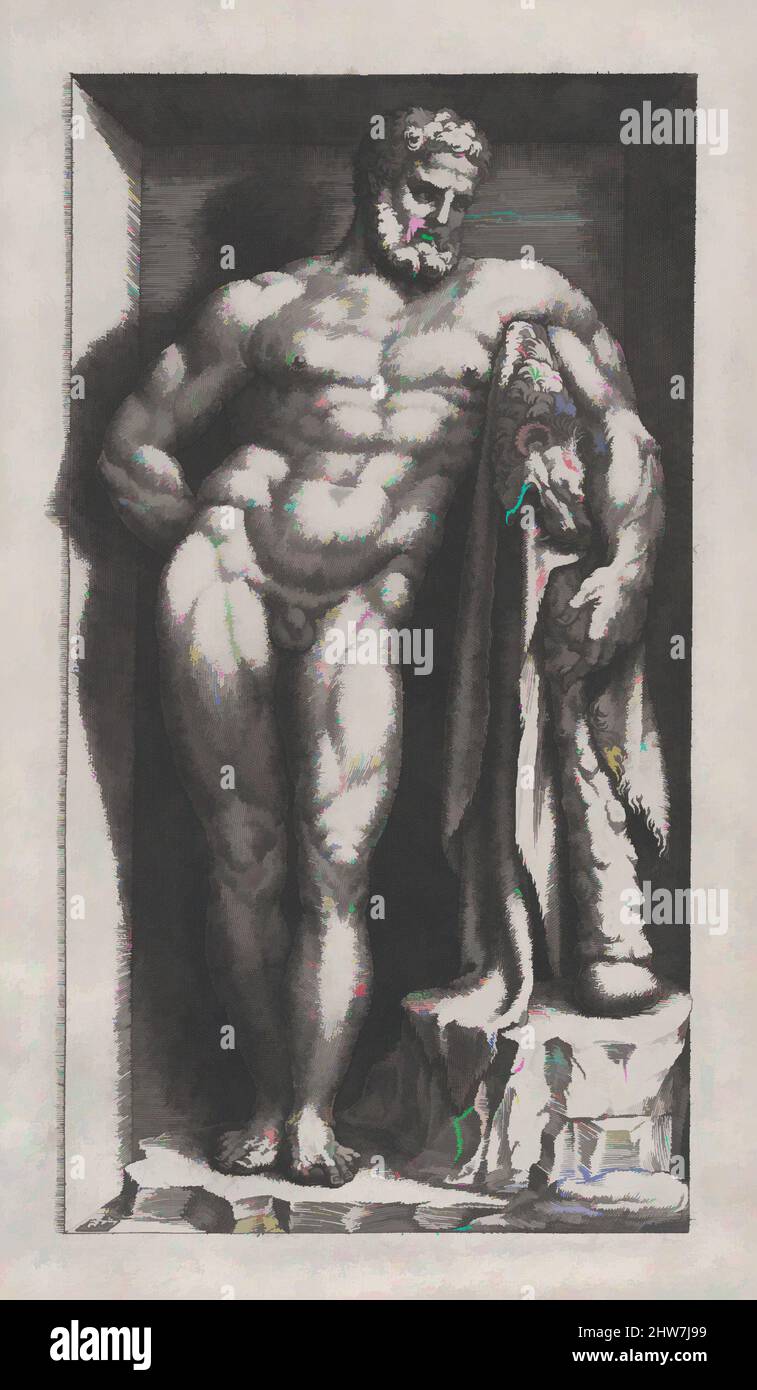Arte ispirata a Speculum Romanae Magnificentiae: Le Ercole Farnese, 16th secolo, incisione, foglio: 14 1/8 x 8 7/16 pollici. (35,9 x 21,5 cm), stampe, Giorgio Ghisi (italiano, Mantova ca. 1520–1582 Mantova, opere classiche modernizzate da Artotop con un tocco di modernità. Forme, colore e valore, impatto visivo accattivante sulle emozioni artistiche attraverso la libertà delle opere d'arte in modo contemporaneo. Un messaggio senza tempo che persegue una nuova direzione selvaggiamente creativa. Artisti che si rivolgono al supporto digitale e creano l'NFT Artotop Foto Stock