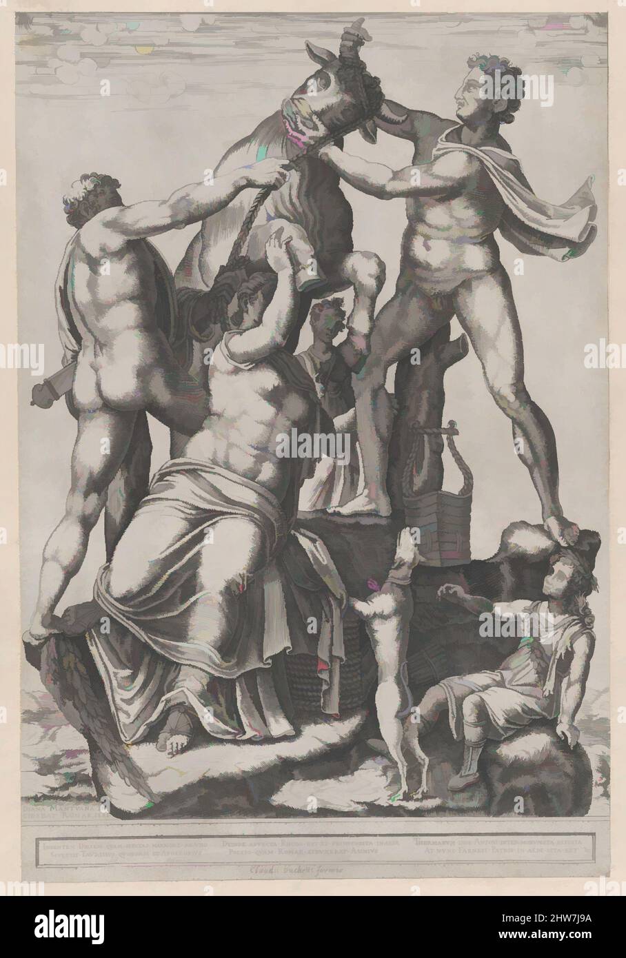 Arte ispirata a Speculum Romanae Magnificentiae: Amphion e Zetus Tying Dirce ad un toro selvaggio il toro Farnese, 1581, incisione, foglio: 18 1/8 x 13 9/16 in. (46 x 34,4 cm), stampe, Diana scultori (italiano, Mantova ca. 1535?–dopo Roma del 1588, opere classiche modernizzate da Artotop con un tuffo di modernità. Forme, colore e valore, impatto visivo accattivante sulle emozioni artistiche attraverso la libertà delle opere d'arte in modo contemporaneo. Un messaggio senza tempo che persegue una nuova direzione selvaggiamente creativa. Artisti che si rivolgono al supporto digitale e creano l'NFT Artotop Foto Stock