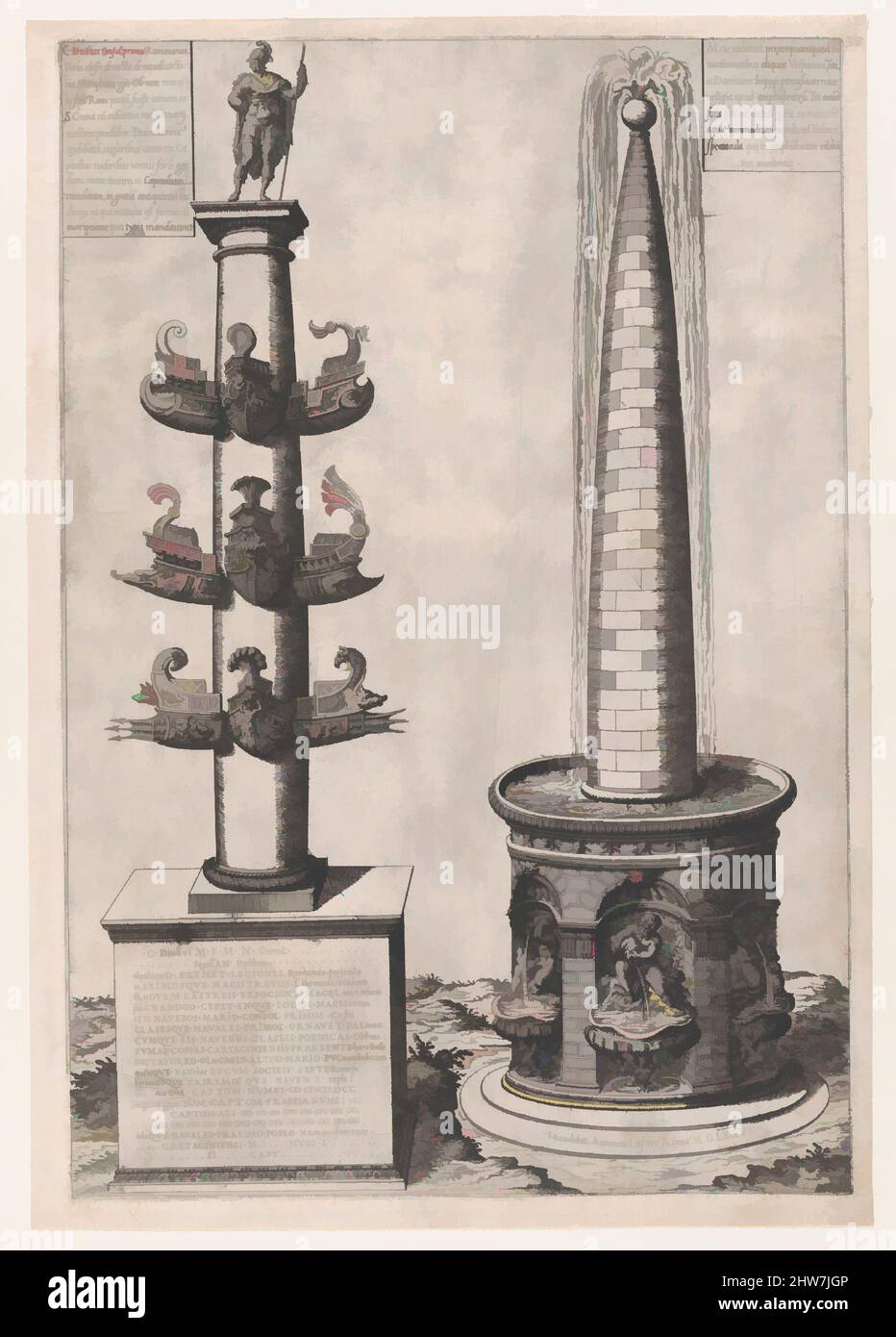 Arte ispirata a Speculum Romanae Magnificentiae: Colonna di Dilius e Fontana Obelisque, 1575, incisione, foglio: 18 7/8 x 13 1/8 pollici. (48 x 33,3 cm), stampe, Anonymous, opere classiche modernizzate da Artotop con un tuffo di modernità. Forme, colore e valore, impatto visivo accattivante sulle emozioni artistiche attraverso la libertà delle opere d'arte in modo contemporaneo. Un messaggio senza tempo che persegue una nuova direzione selvaggiamente creativa. Artisti che si rivolgono al supporto digitale e creano l'NFT Artotop Foto Stock