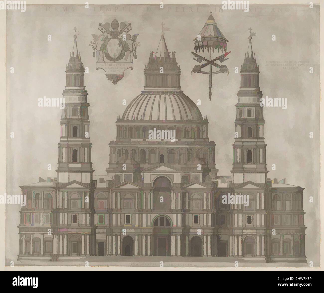 Arte ispirata a Speculum Romanae Magnificentiae: San Pietro, 1547, incisione, foglio: 17 13/16 x 22 1/16 in. (45,2 x 56 cm), stampe, dopo Antonio da Sangallo, il giovane (Firenze 1484–1546 Terni), dopo Antonio da Labacco (italiano, vicino Vigevano ca. 1495–dopo il 1567, opere classiche modernizzate da Artotop con un tuffo di modernità. Forme, colore e valore, impatto visivo accattivante sulle emozioni artistiche attraverso la libertà delle opere d'arte in modo contemporaneo. Un messaggio senza tempo che persegue una nuova direzione selvaggiamente creativa. Artisti che si rivolgono al supporto digitale e creano l'NFT Artotop Foto Stock