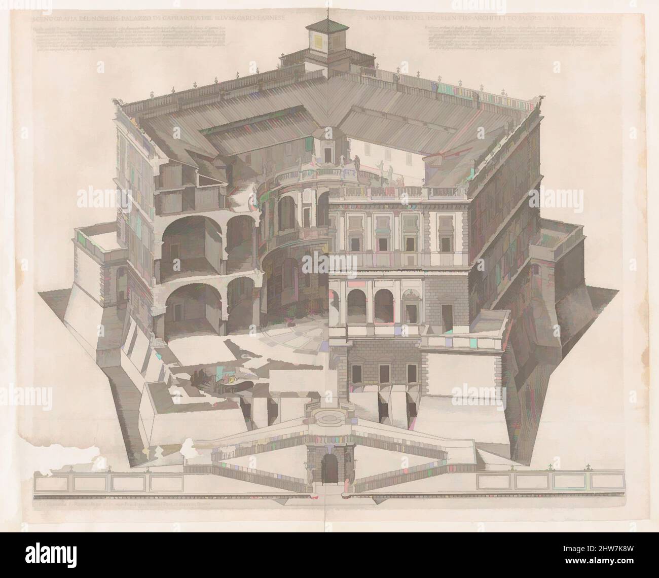 Arte ispirata a Speculum Romanae Magnificentiae: Palazzo Farnese, 16th secolo, incisione, foglio: 15 1/16 x 18 11/16 pollici. (38,2 x 47,4 cm), stampe, Francesco Villamena (italiano, Assisi ca. 1565–1624 Roma, opere classiche modernizzate da Artotop con un tuffo di modernità. Forme, colore e valore, impatto visivo accattivante sulle emozioni artistiche attraverso la libertà delle opere d'arte in modo contemporaneo. Un messaggio senza tempo che persegue una nuova direzione selvaggiamente creativa. Artisti che si rivolgono al supporto digitale e creano l'NFT Artotop Foto Stock