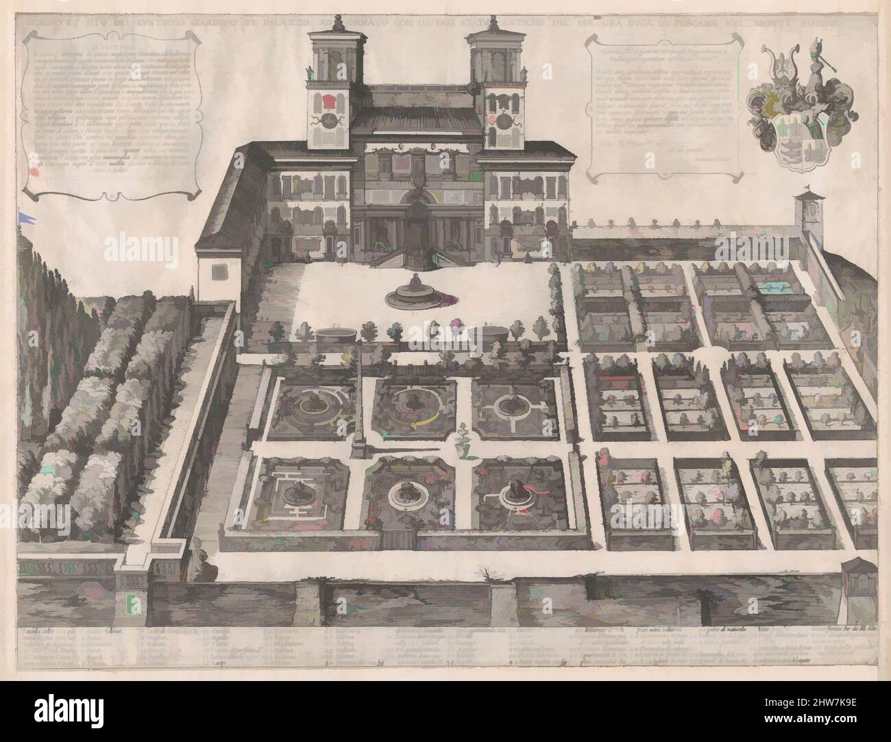 Arte ispirata a Speculum Romanae Magnificentiae: Palazzo e Giardini del Monte Pincio, da metà a fine 16th secolo, incisione, foglio: 15 15/16 x 21 pollici. (40,5 x 53,4 cm), stampe, attribuite ad Antonio Tempesta (Firenze 1555–1630 Roma, opere classiche modernizzate da Artotop con un tuffo di modernità. Forme, colore e valore, impatto visivo accattivante sulle emozioni artistiche attraverso la libertà delle opere d'arte in modo contemporaneo. Un messaggio senza tempo che persegue una nuova direzione selvaggiamente creativa. Artisti che si rivolgono al supporto digitale e creano l'NFT Artotop Foto Stock