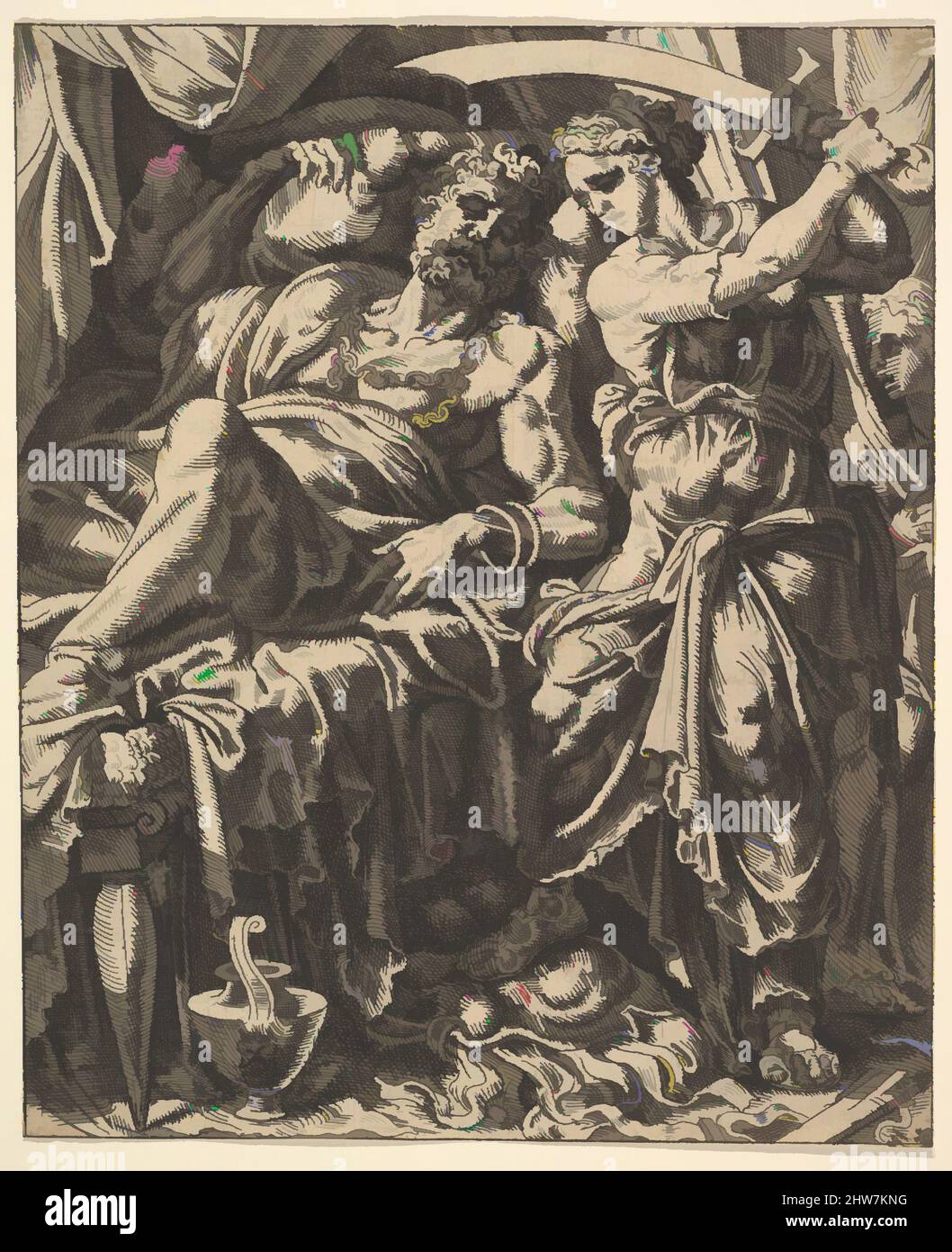 Arte ispirata a Judith Slowed Holofernes, dalla Storia di Judith e Holofernes, incisione, foglio: 9 1/4 x 7 5/8 pollici. (23,5 x 19,3 cm), Prints, Maarten van Heemskerck (Netherlandish, Heemskerck 1498–1574 Haarlem), possibilmente inciso da Dirk Volckertsz Coornhert (Netherlandish, Amsterdam, opere classiche modernizzate da Artotop con un tuffo di modernità. Forme, colore e valore, impatto visivo accattivante sulle emozioni artistiche attraverso la libertà delle opere d'arte in modo contemporaneo. Un messaggio senza tempo che persegue una nuova direzione selvaggiamente creativa. Artisti che si rivolgono al supporto digitale e creano l'NFT Artotop Foto Stock