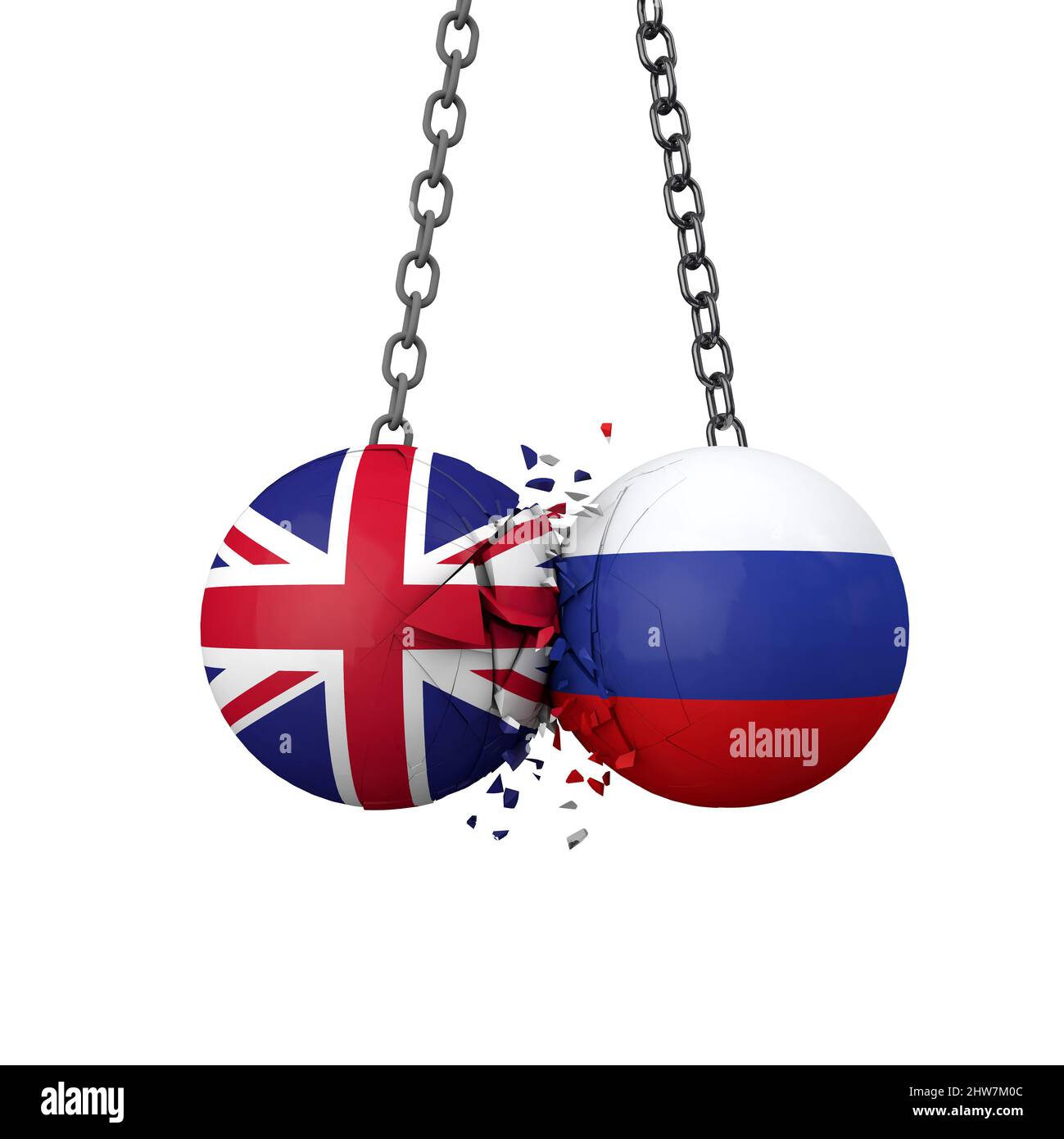 Concetto di tensioni politiche tra la Russia e il Regno Unito. Le palle naufraganti della bandiera nazionale sbattono insieme. 3D rendering Foto Stock