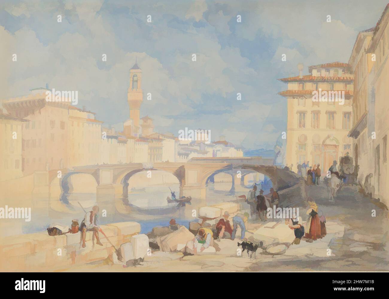 Arte ispirata a Ponte Santa Trinità, Firenze, prima del 1832, acquerello e grafite, foglio: 8 x 11 5/16 poll. (20,3 x 28,8 cm), disegni, James Duffield Harding (British, Deptford, Kent 1797–1863 Barnes, Surrey), Ponte Santa Trinità, Un ponte che attraversa l'Arno a Firenze, forma il centro, opere classiche modernizzate da Artotop con un tuffo di modernità. Forme, colore e valore, impatto visivo accattivante sulle emozioni artistiche attraverso la libertà delle opere d'arte in modo contemporaneo. Un messaggio senza tempo che persegue una nuova direzione selvaggiamente creativa. Artisti che si rivolgono al supporto digitale e creano l'NFT Artotop Foto Stock