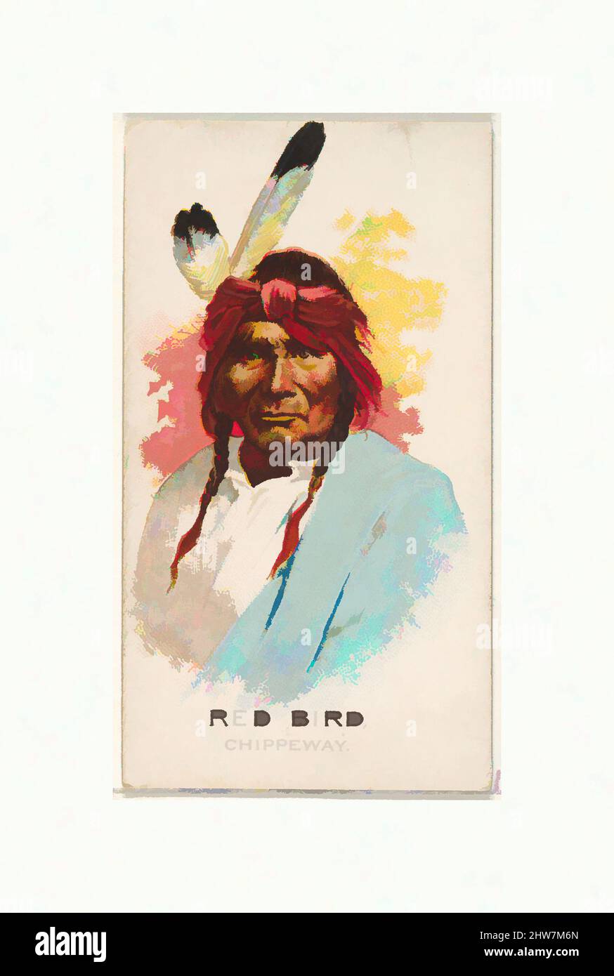 Art Inspired by Red Bird, Chippeway, della serie americana Indian Chiefs (N2) per Allen & Ginter Cigarettes Brands, 1888, litografia commerciale a colori, foglio: 2 3/4 x 1 1/2 poll. (7 x 3,8 cm), carte commerciali della serie 'American Indian Chiefs' (N2), pubblicata nel 1888 in una serie di 50, opere classiche modernizzate da Artotop con un tuffo di modernità. Forme, colore e valore, impatto visivo accattivante sulle emozioni artistiche attraverso la libertà delle opere d'arte in modo contemporaneo. Un messaggio senza tempo che persegue una nuova direzione selvaggiamente creativa. Artisti che si rivolgono al supporto digitale e creano l'NFT Artotop Foto Stock