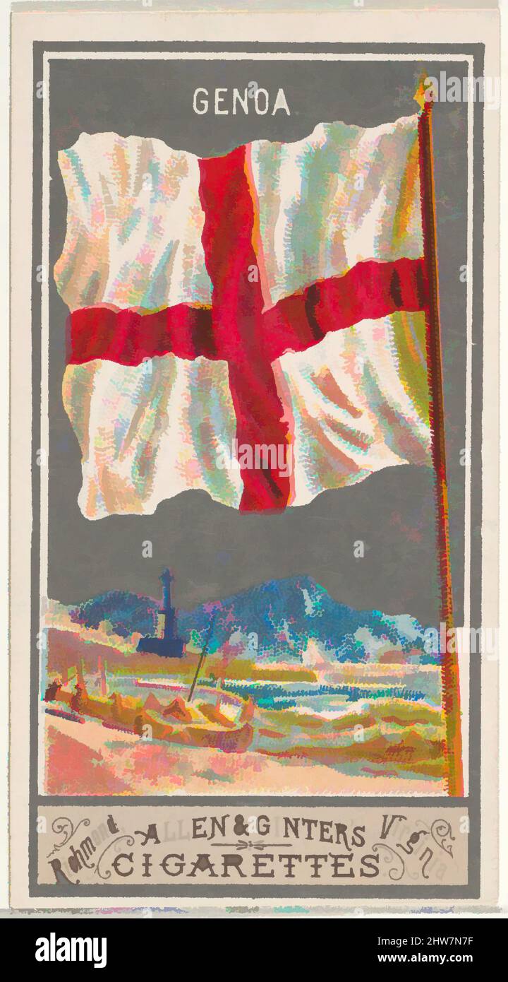 Arte ispirata a Genova, dalla serie City Flags (N6) per Allen & Ginter Cigarettes Brands, 1887, litografia commerciale a colori, foglio: 2 3/4 x 1 1/2 pollici. (7 x 3,8 cm), carte commerciali della serie 'City Flags' (N6), emesse nel 1887 in una serie di 50 carte per promuovere Allen & Ginter Brand, opere classiche modernizzate da Artotop con un tuffo di modernità. Forme, colore e valore, impatto visivo accattivante sulle emozioni artistiche attraverso la libertà delle opere d'arte in modo contemporaneo. Un messaggio senza tempo che persegue una nuova direzione selvaggiamente creativa. Artisti che si rivolgono al supporto digitale e creano l'NFT Artotop Foto Stock