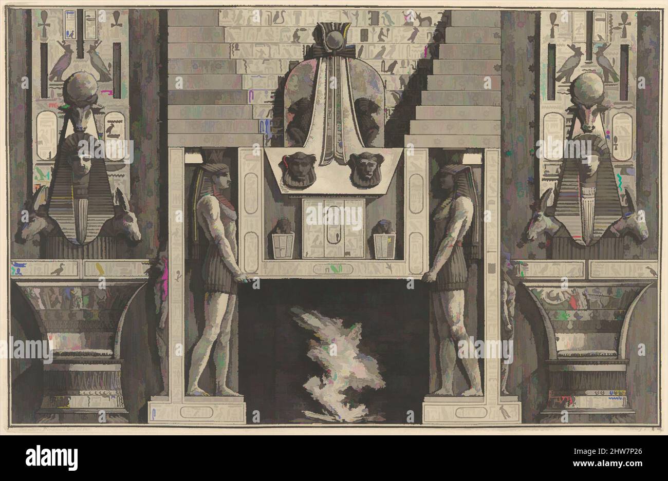 Arte ispirata da Chimneypiece in stile egiziano: Figure giganti che sostengono l'architrave, fiancheggiata da sedie, da diverse Maniere d'ornare i cammini... (Diversi modi di ornare ciminiere...), 1769, incisione, piatto: 9 13/16 x 15 3/16 poll. (25 x 38,5 cm) stampato orizzontalmente, opere classiche modernizzate da Artotop con un tocco di modernità. Forme, colore e valore, impatto visivo accattivante sulle emozioni artistiche attraverso la libertà delle opere d'arte in modo contemporaneo. Un messaggio senza tempo che persegue una nuova direzione selvaggiamente creativa. Artisti che si rivolgono al supporto digitale e creano l'NFT Artotop Foto Stock