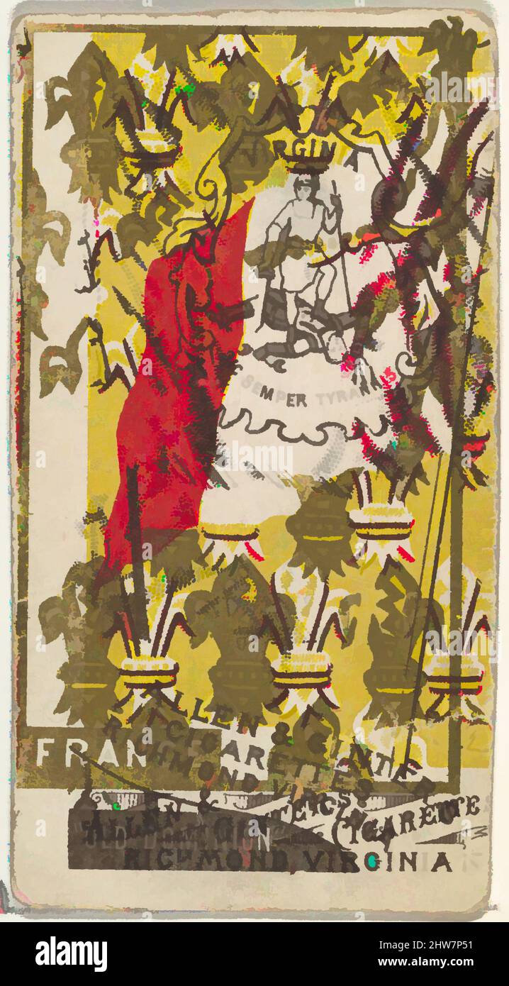 Art Inspired by Virginia and France (scheda a doppia stampa), from Flags of All Nations, Series 1 (N9) for Allen & Ginter Cigarettes Brands, 1887, Commercial color litograph, Sheet: 2 3/4 x 1 1/2 in. (7 x 3,8 cm), carte commerciali del set, 'Bandiere di tutte le nazioni,' Serie 1 (N9), pubblicato in, opere classiche modernizzate da Artotop con un tuffo di modernità. Forme, colore e valore, impatto visivo accattivante sulle emozioni artistiche attraverso la libertà delle opere d'arte in modo contemporaneo. Un messaggio senza tempo che persegue una nuova direzione selvaggiamente creativa. Artisti che si rivolgono al supporto digitale e creano l'NFT Artotop Foto Stock