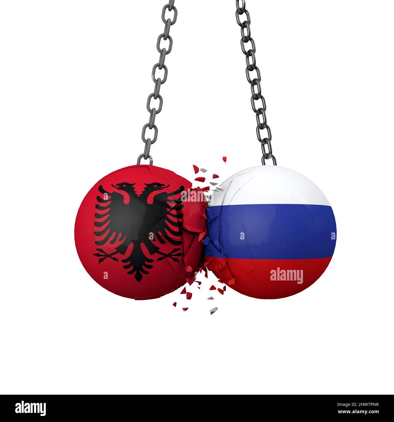 Concetto di tensioni politiche in Russia e Albania. Le palle naufraganti della bandiera nazionale sbattono insieme. 3D rendering Foto Stock