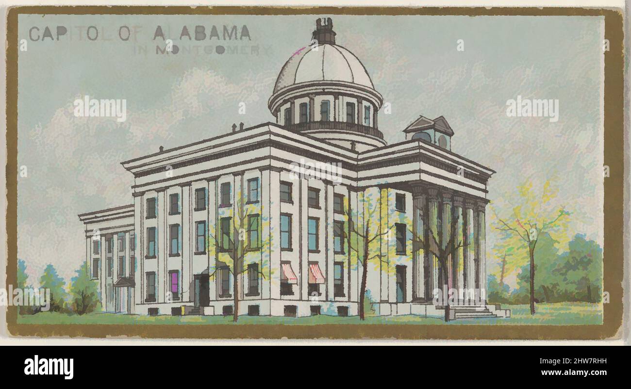 Arte ispirata dal Campidoglio dell'Alabama a Montgomery, dalla serie di edifici del Governo Generale e del Campidoglio dello Stato (N14) per Allen & Ginter Cigares Brands, 1889, litografia commerciale a colori, foglio: 1 1/2 x 2 3/4 pollici. (3,8 x 7 cm), carte commerciali del 'Governo Generale e dello Stato, opere classiche modernizzate da Artotop con un tuffo di modernità. Forme, colore e valore, impatto visivo accattivante sulle emozioni artistiche attraverso la libertà delle opere d'arte in modo contemporaneo. Un messaggio senza tempo che persegue una nuova direzione selvaggiamente creativa. Artisti che si rivolgono al supporto digitale e creano l'NFT Artotop Foto Stock