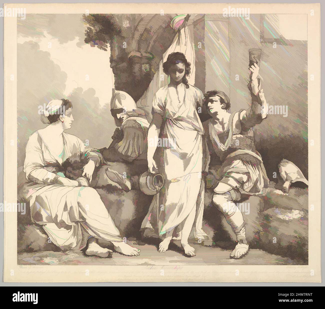 Art Inspired by Soldier's Courtship (from the Life and Death of a Soldier), 1 maggio 1781, Etching and Stiple, Plate: 15 7/16 x 17 1/2 poll. (39,2 x 44,5 cm), stampe, incise e pubblicate da Robert Blyth (britannico, ca. 1750–1784), dopo John Hamilton Mortimer (British, Eastbourne 1740–1779, opere classiche modernizzate da Artotop con un tuffo di modernità. Forme, colore e valore, impatto visivo accattivante sulle emozioni artistiche attraverso la libertà delle opere d'arte in modo contemporaneo. Un messaggio senza tempo che persegue una nuova direzione selvaggiamente creativa. Artisti che si rivolgono al supporto digitale e creano l'NFT Artotop Foto Stock