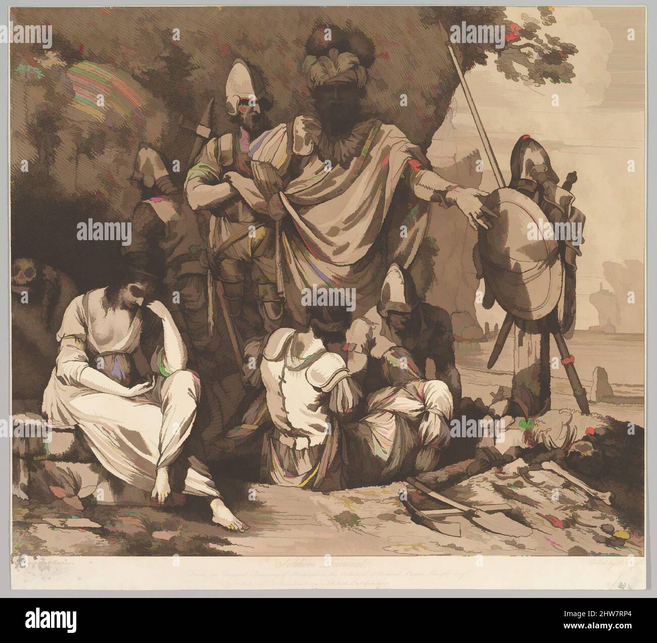 Arte ispirata al funerale del soldato (dalla vita e morte di un soldato), 1 maggio 1781, acquaforte, acquatinta e stopple, Stampato con inchiostro marrone, foglio: 14 15/16 x 16 5/16 pollici (38 x 41,4 cm), stampe, incise e pubblicate da Robert Blyth (britannico, ca. 1750–1784), dopo John Hamilton Mortimer, opere classiche modernizzate da Artotop con un tuffo di modernità. Forme, colore e valore, impatto visivo accattivante sulle emozioni artistiche attraverso la libertà delle opere d'arte in modo contemporaneo. Un messaggio senza tempo che persegue una nuova direzione selvaggiamente creativa. Artisti che si rivolgono al supporto digitale e creano l'NFT Artotop Foto Stock