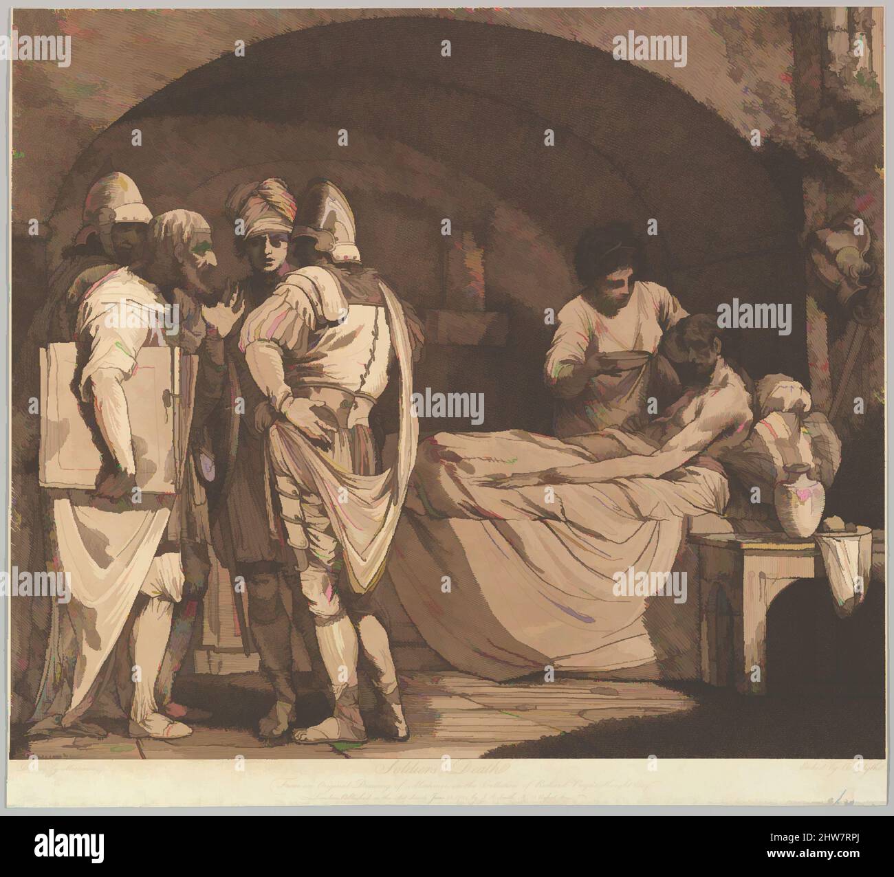 Arte ispirata dalla morte del soldato (dalla vita e dalla morte di un soldato), 1 maggio 1781, acquaforte e acquatinta, stampato in inchiostro marrone, foglio: 14 13/16 x 16 5/16 pollici. (37,6 x 41,4 cm), stampe, incise e pubblicate da Robert Blyth (britannico, ca. 1750–1784), dopo John Hamilton Mortimer (British, opere classiche modernizzate da Artotop con un tuffo di modernità. Forme, colore e valore, impatto visivo accattivante sulle emozioni artistiche attraverso la libertà delle opere d'arte in modo contemporaneo. Un messaggio senza tempo che persegue una nuova direzione selvaggiamente creativa. Artisti che si rivolgono al supporto digitale e creano l'NFT Artotop Foto Stock