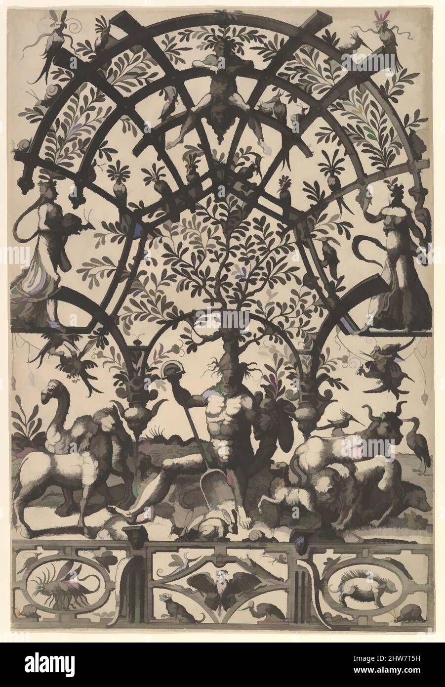 Arte ispirata alla personificazione della Terra, con Spade e Horn, che sostiene un albero e lattice sulla sua testa, Un Frieze sotto da Veelderleij niewe inventien van antijckesche sepultueren diemen nou zeere ghebruijkende è incontrato noch zeer fraeije grottissen en compertimenten zeer beqwame, Opere classiche modernizzate da Artotop con un tocco di modernità. Forme, colore e valore, impatto visivo accattivante sulle emozioni artistiche attraverso la libertà delle opere d'arte in modo contemporaneo. Un messaggio senza tempo che persegue una nuova direzione selvaggiamente creativa. Artisti che si rivolgono al supporto digitale e creano l'NFT Artotop Foto Stock