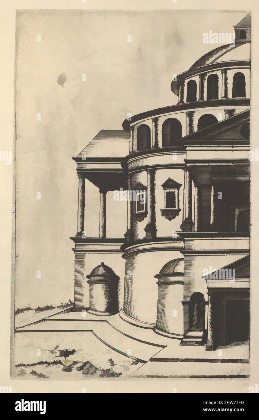 Art Inspired by Partial View of a Building Templum Isaiae Prophetae from the series 'Ruinarum variarum fabricarum delineationes pictoribus caeterisque id genus artificicibus multum utiles', ca. 1572, incisione, piastra: 6 11/16 x 4 5/16 poll. (17 x 11 cm), Lambert Suavius (Netherlandish, ca, opere classiche modernizzate da Artotop con un tocco di modernità. Forme, colore e valore, impatto visivo accattivante sulle emozioni artistiche attraverso la libertà delle opere d'arte in modo contemporaneo. Un messaggio senza tempo che persegue una nuova direzione selvaggiamente creativa. Artisti che si rivolgono al supporto digitale e creano l'NFT Artotop Foto Stock