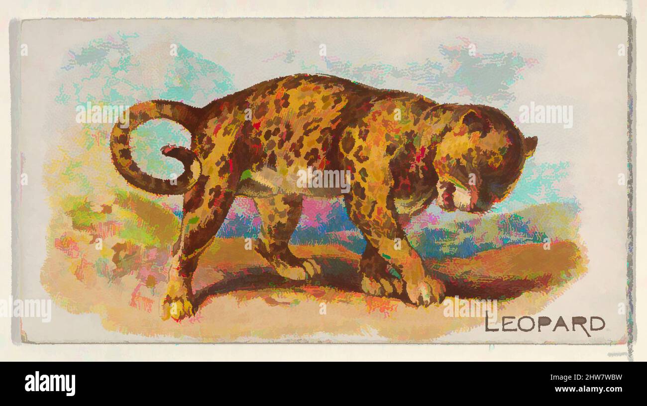 Arte ispirata al leopardo, della serie Quadrupeds (N21) per sigarette Allen & Ginter, 1890, litografia commerciale a colori, foglio: 1 1/2 x 2 3/4 poll. (3,8 x 7 cm), carte commerciali della serie 'Quadrupeds' (N21), emesse nel 1890 in un set di 50 carte per promuovere il marchio Allen & Ginter, opere classiche modernizzate da Artotop con un tuffo di modernità. Forme, colore e valore, impatto visivo accattivante sulle emozioni artistiche attraverso la libertà delle opere d'arte in modo contemporaneo. Un messaggio senza tempo che persegue una nuova direzione selvaggiamente creativa. Artisti che si rivolgono al supporto digitale e creano l'NFT Artotop Foto Stock