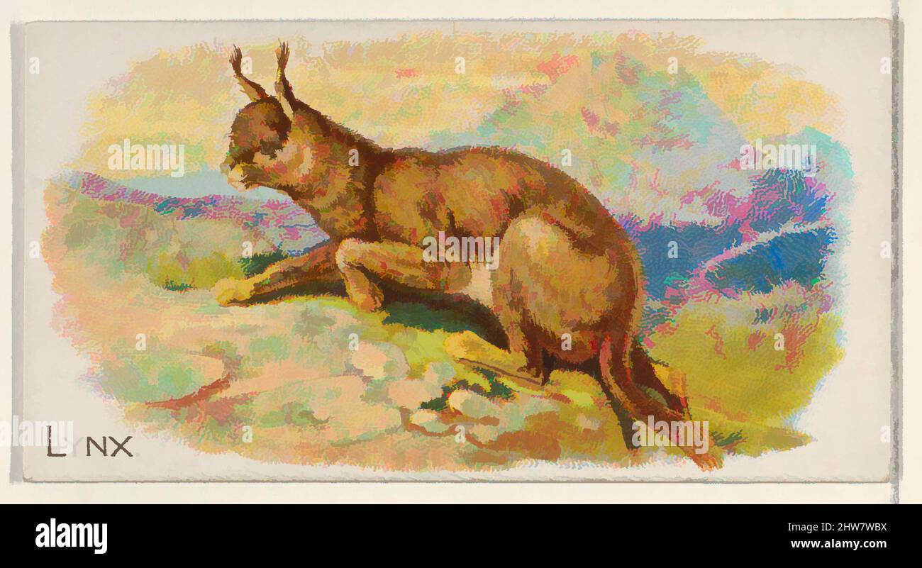 Arte ispirata a Lynx, della serie Quadrupeds (N21) per sigarette Allen & Ginter, 1890, litografia commerciale a colori, foglio: 1 1/2 x 2 3/4 pollici (3,8 x 7 cm), carte commerciali della serie 'Quadrupeds' (N21), emesse nel 1890 in un set di 50 carte per promuovere le sigarette a marchio Allen & Ginter, opere classiche modernizzate da Artotop con un tuffo di modernità. Forme, colore e valore, impatto visivo accattivante sulle emozioni artistiche attraverso la libertà delle opere d'arte in modo contemporaneo. Un messaggio senza tempo che persegue una nuova direzione selvaggiamente creativa. Artisti che si rivolgono al supporto digitale e creano l'NFT Artotop Foto Stock