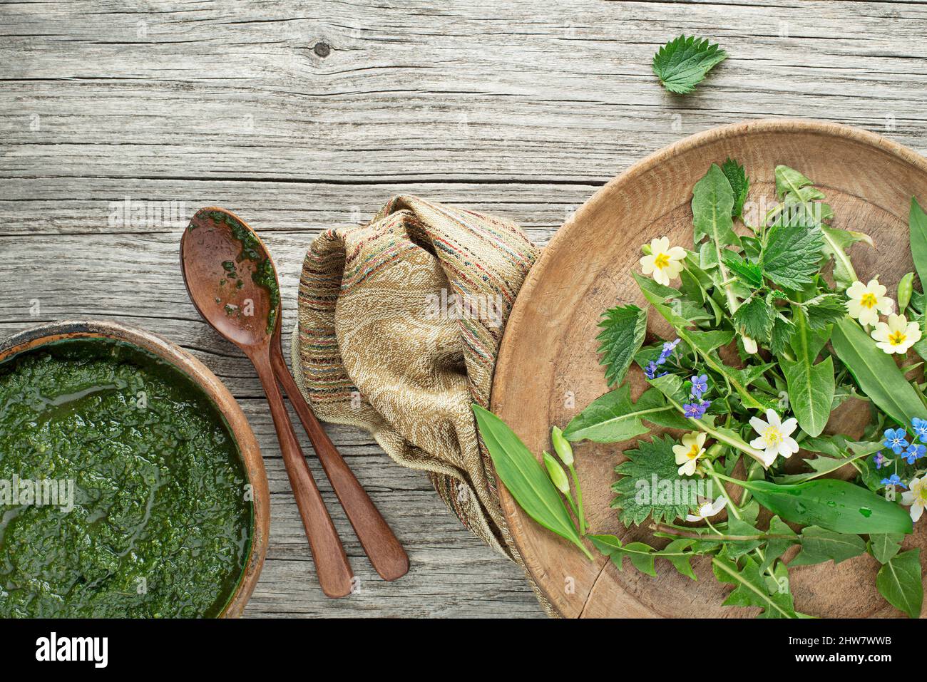 Zuppa verde sana con piante primaverili fresche Foto Stock